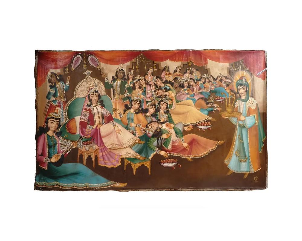 A large antique Persian Qajar era painting on canvas. Portrays a narrative from the Persian epic poem Haft Awrang by Nezami Ganjavi which recounts the story of Yusuf and Zulaikha. It revolves around the unrequited love of Zulaikha, the wife of an