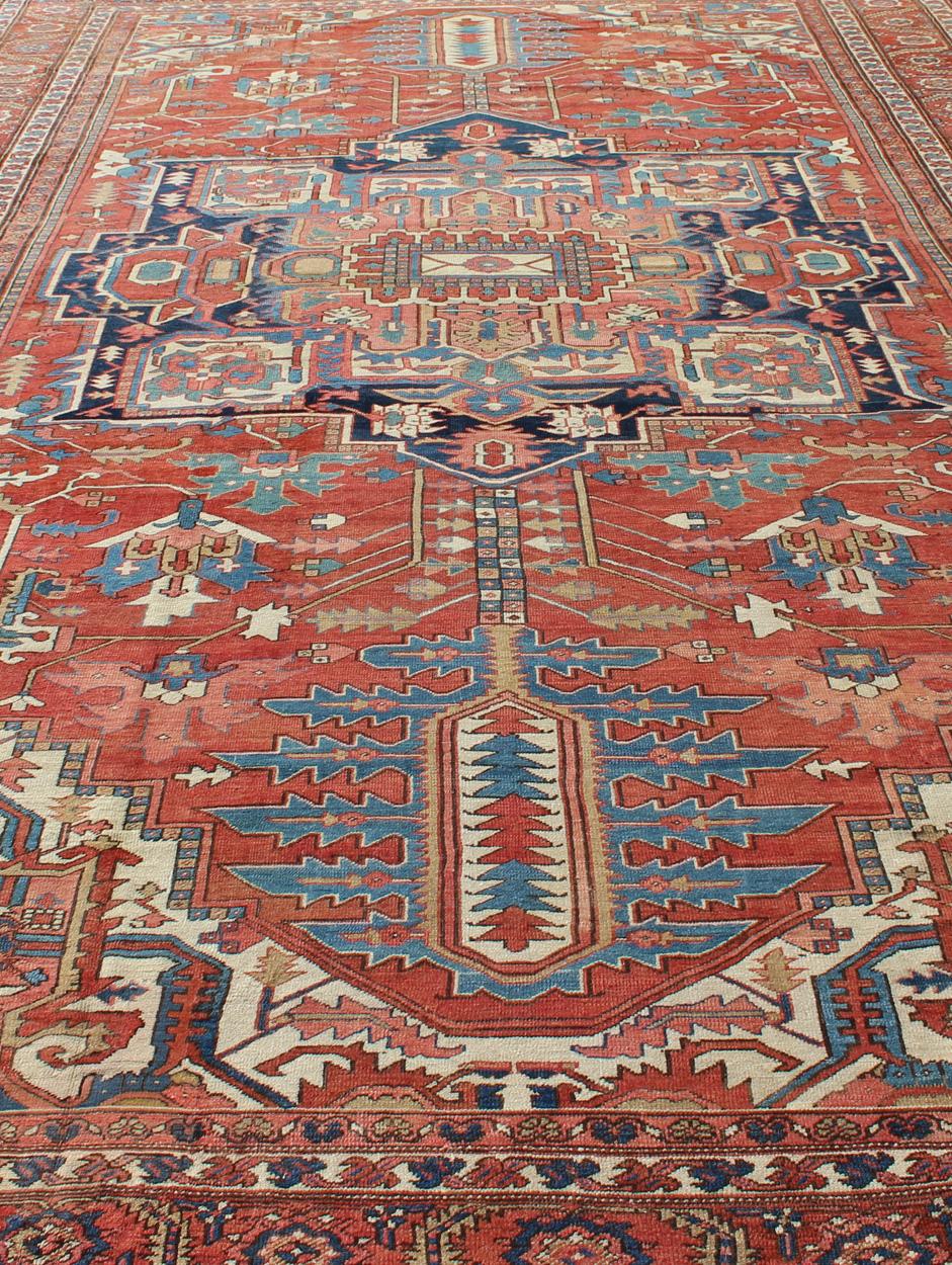 Over Size Antique Persian Serapi Rug with Stretched Geometric Medallion For Sale 4