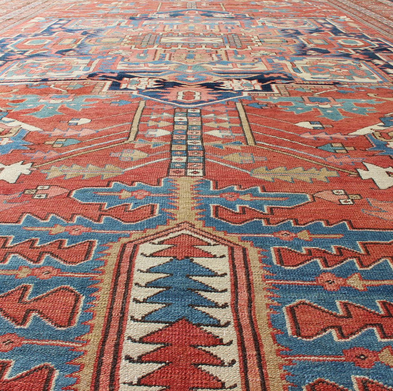 Over Size Antique Persian Serapi Rug with Stretched Geometric Medallion In Good Condition For Sale In Atlanta, GA
