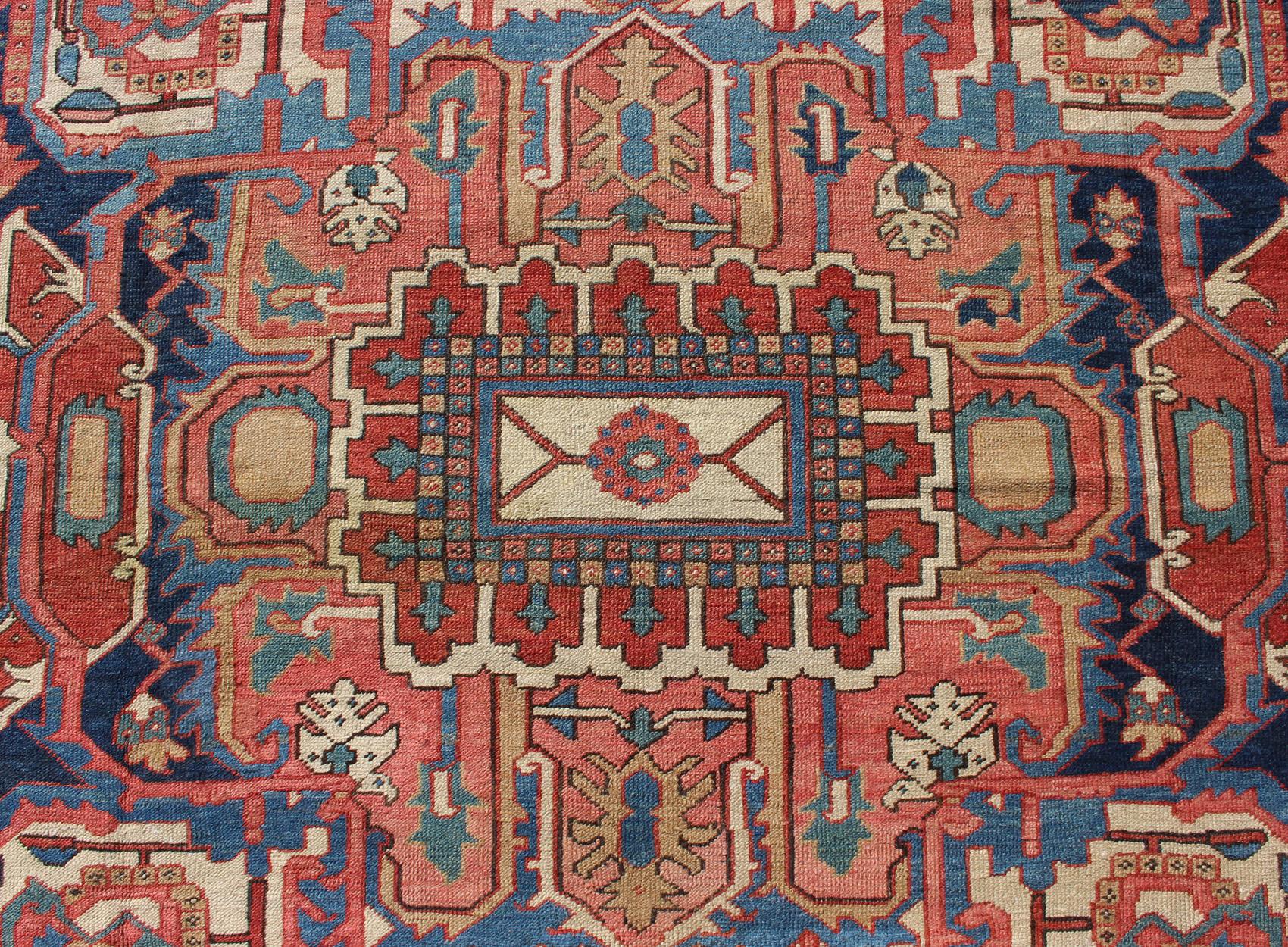19th Century Over Size Antique Persian Serapi Rug with Stretched Geometric Medallion For Sale