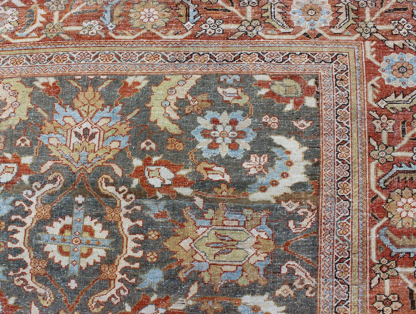 Grand tapis persan ancien Sultanabad en gris, gris/vert, vert citron et rouge rouille en vente 6