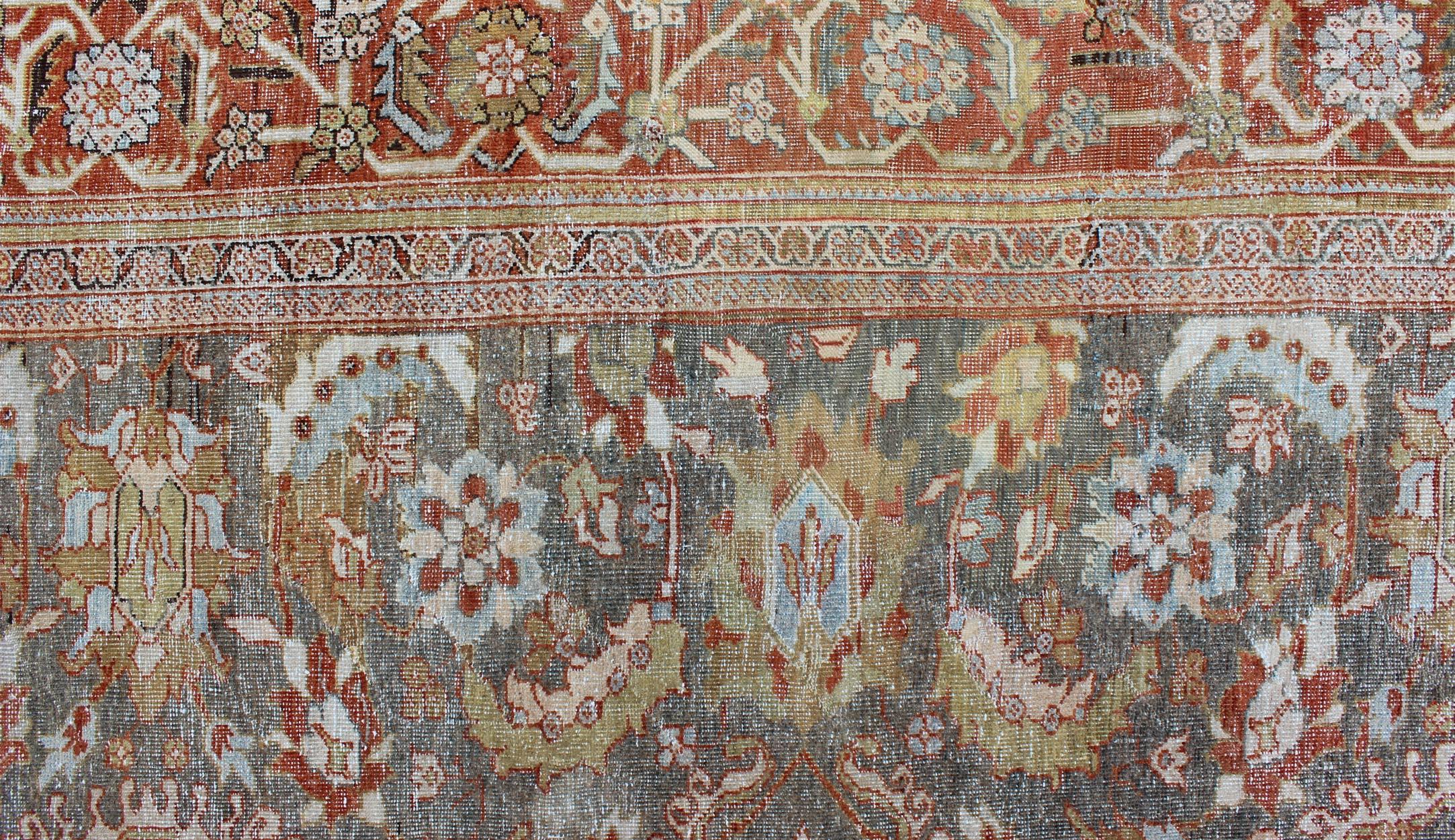 Grand tapis persan ancien Sultanabad en gris, gris/vert, vert citron et rouge rouille en vente 1