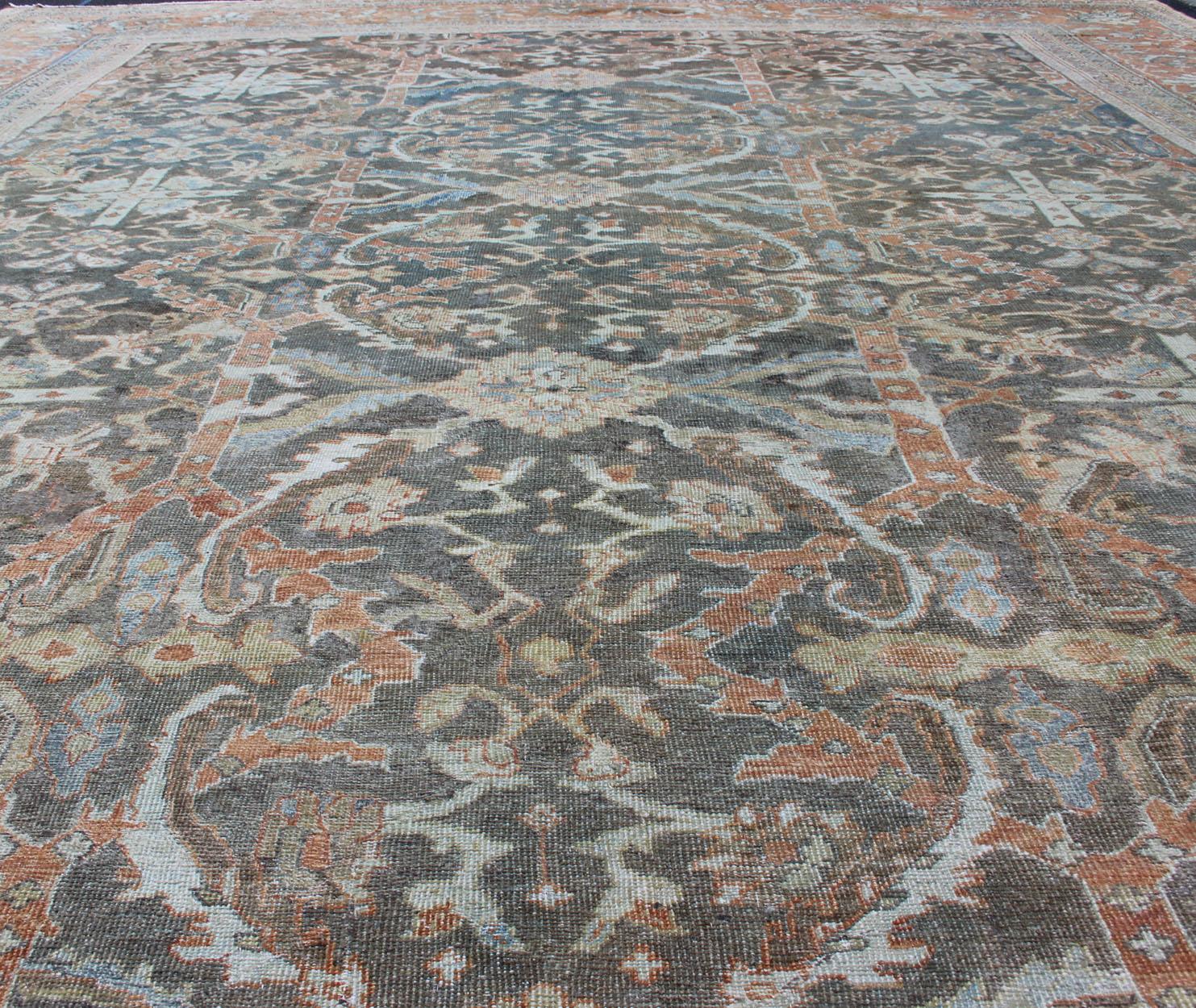 Large Antique Persian Sultanabad Rug in Gray, Charcoal, Burnt Orange, Acid Green For Sale 3