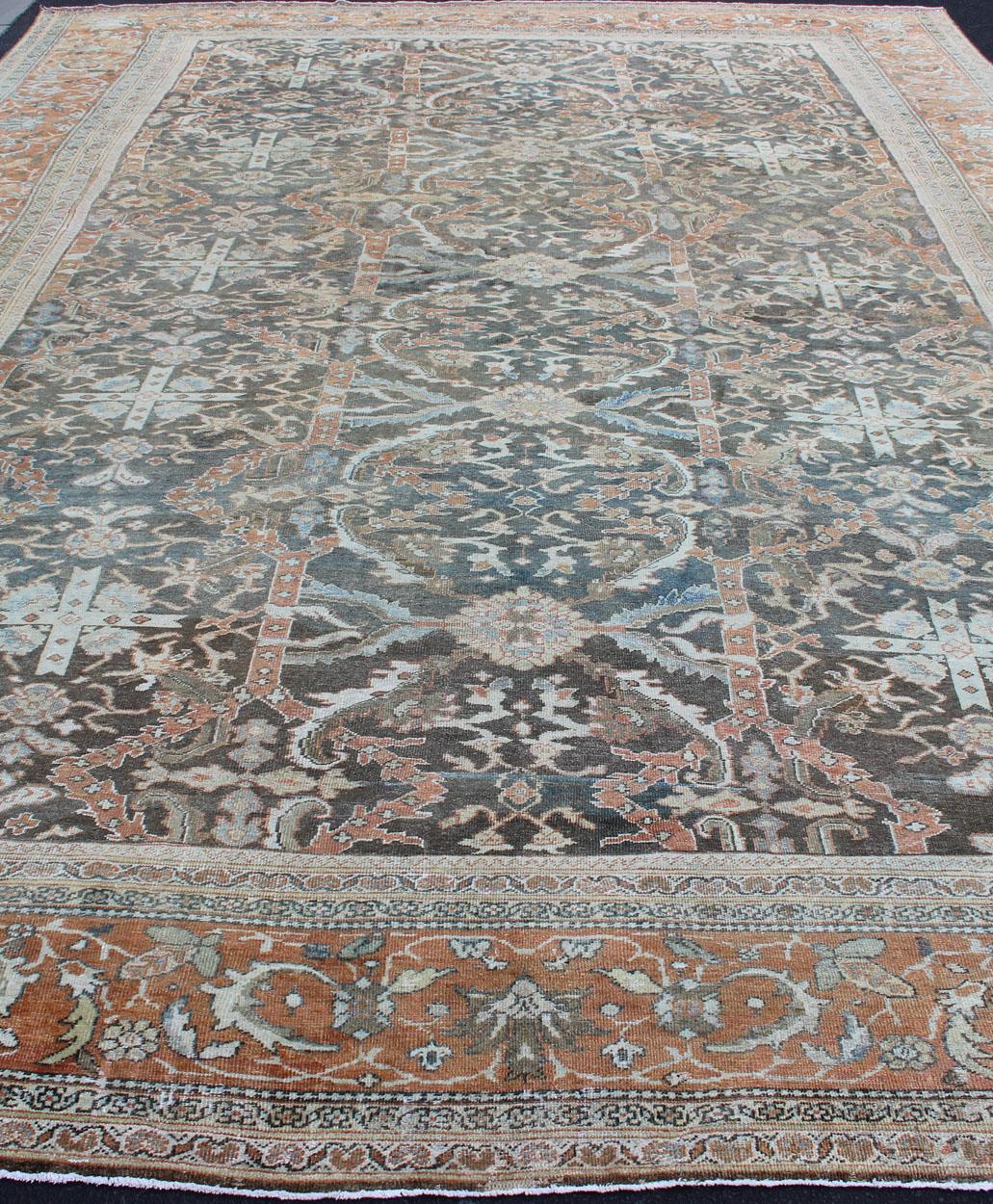 Large Antique Persian Sultanabad Rug in Gray, Charcoal, Burnt Orange, Acid Green For Sale 4