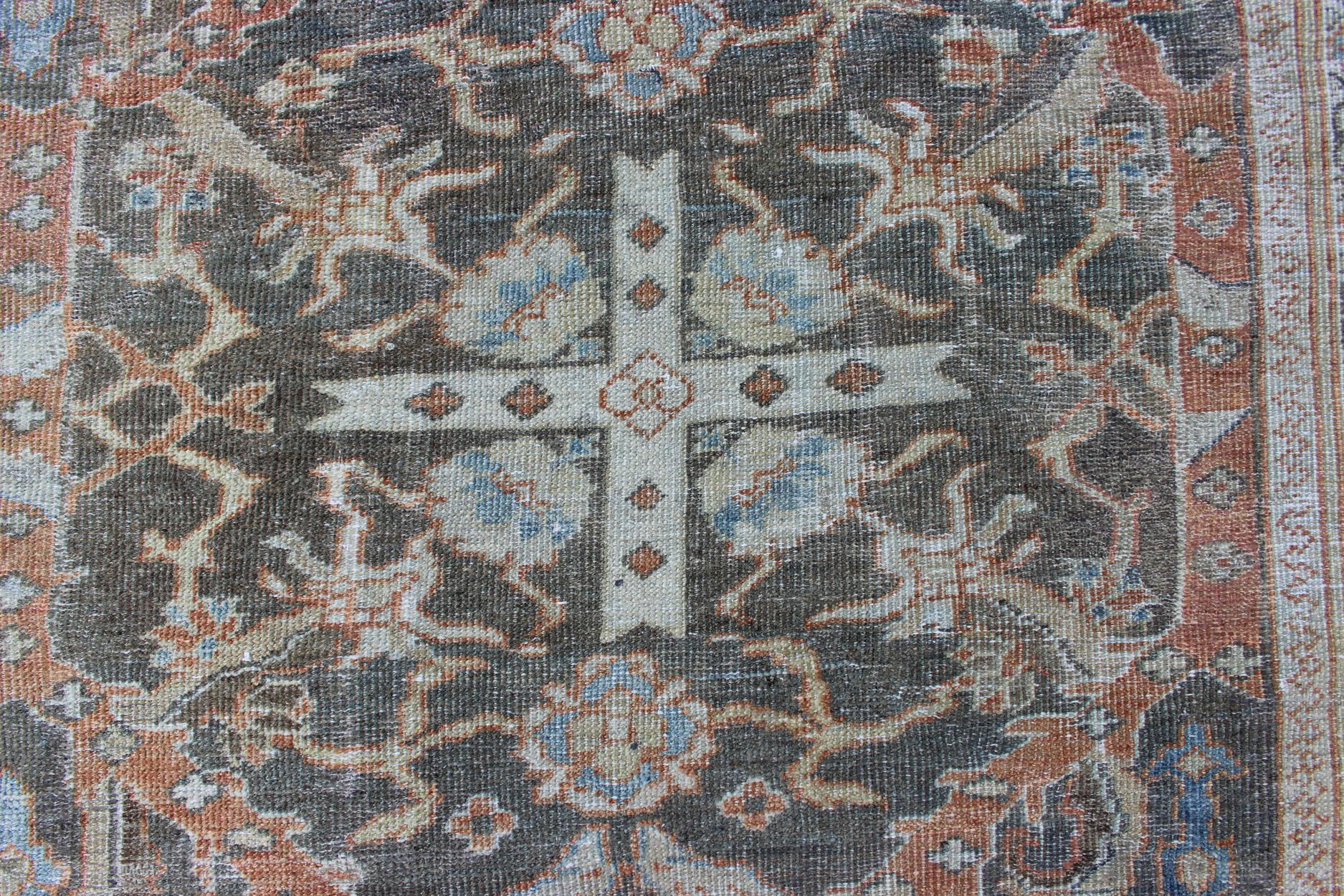 Large Antique Persian Sultanabad Rug in Gray, Charcoal, Burnt Orange, Acid Green For Sale 9