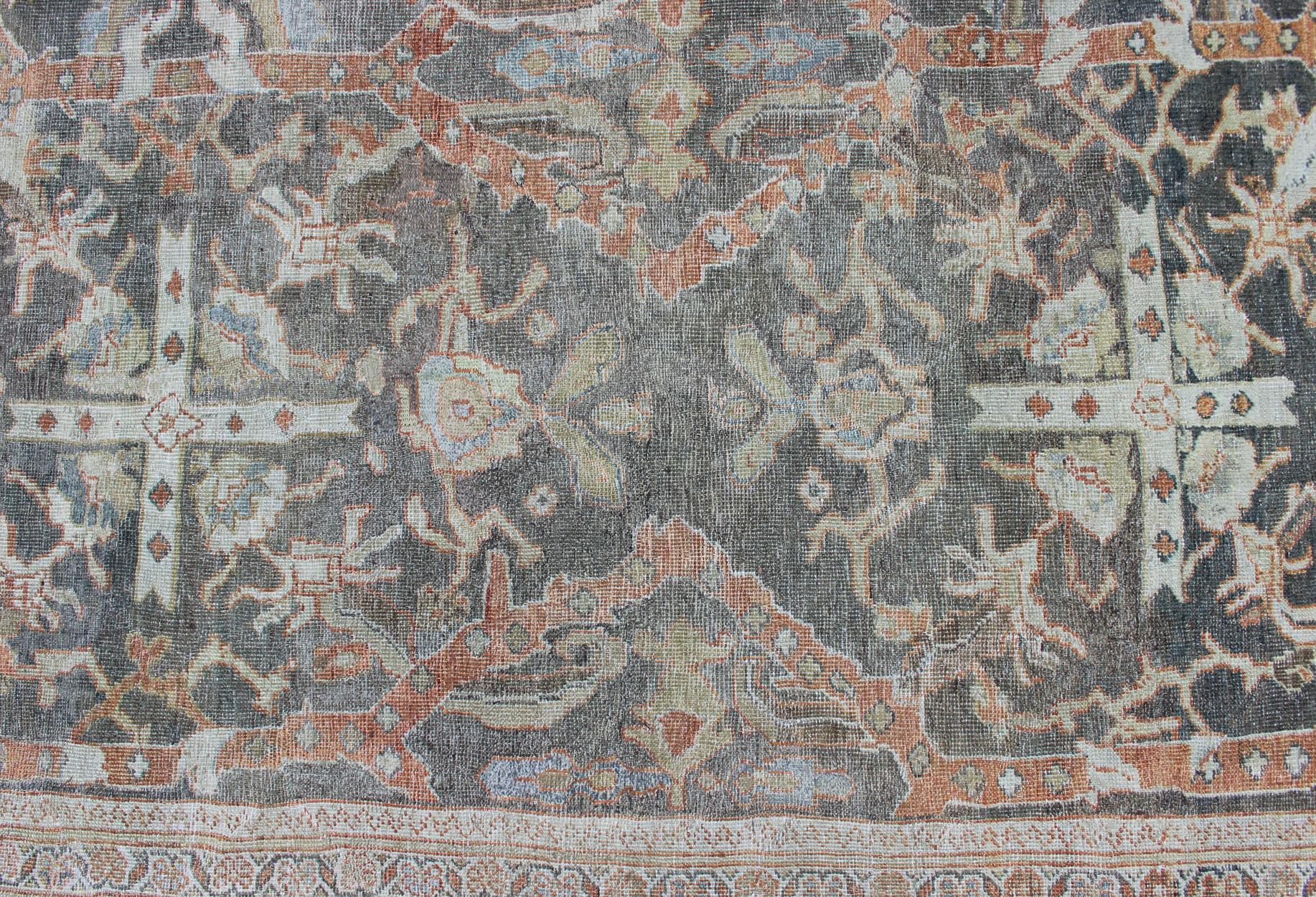 Large Antique Persian Sultanabad Rug in Gray, Charcoal, Burnt Orange, Acid Green For Sale 11