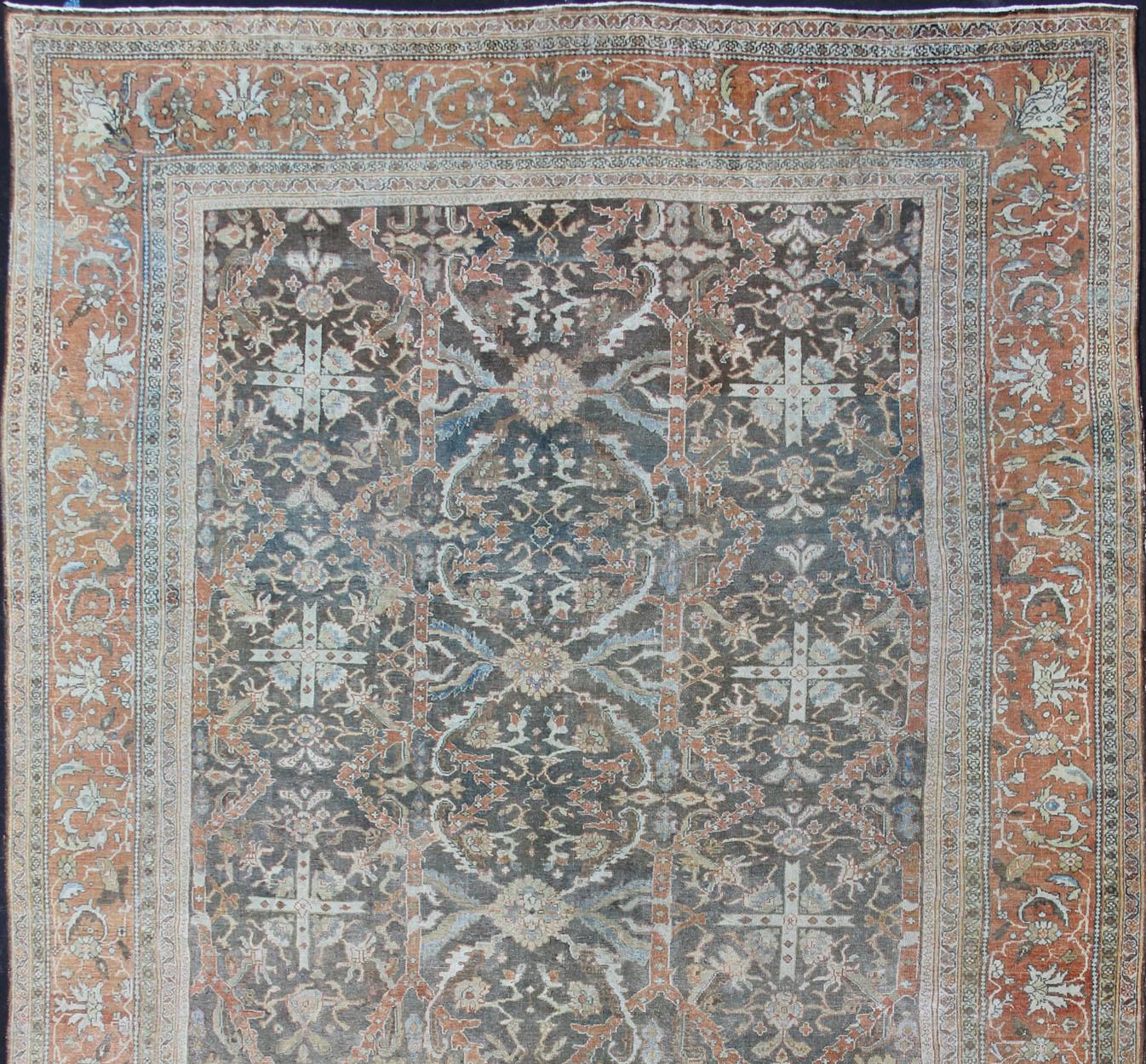 Hand-Knotted Large Antique Persian Sultanabad Rug in Gray, Charcoal, Burnt Orange, Acid Green For Sale