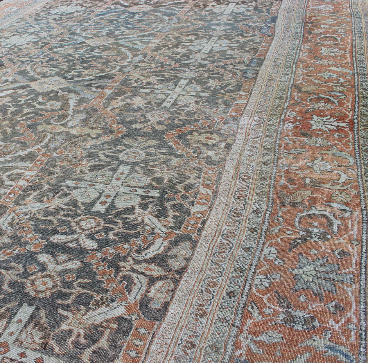 Wool Large Antique Persian Sultanabad Rug in Gray, Charcoal, Burnt Orange, Acid Green For Sale