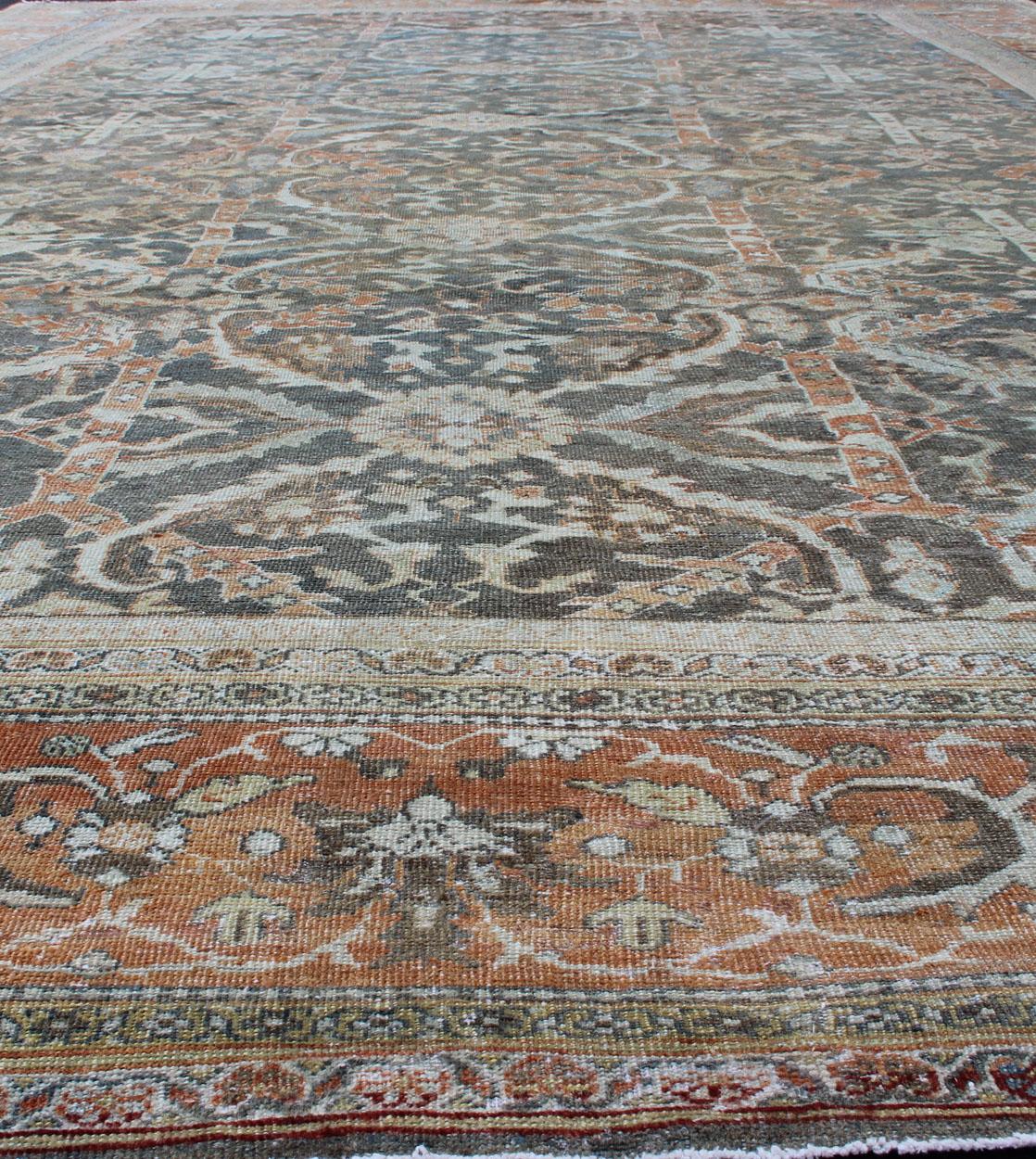 Large Antique Persian Sultanabad Rug in Gray, Charcoal, Burnt Orange, Acid Green For Sale 2