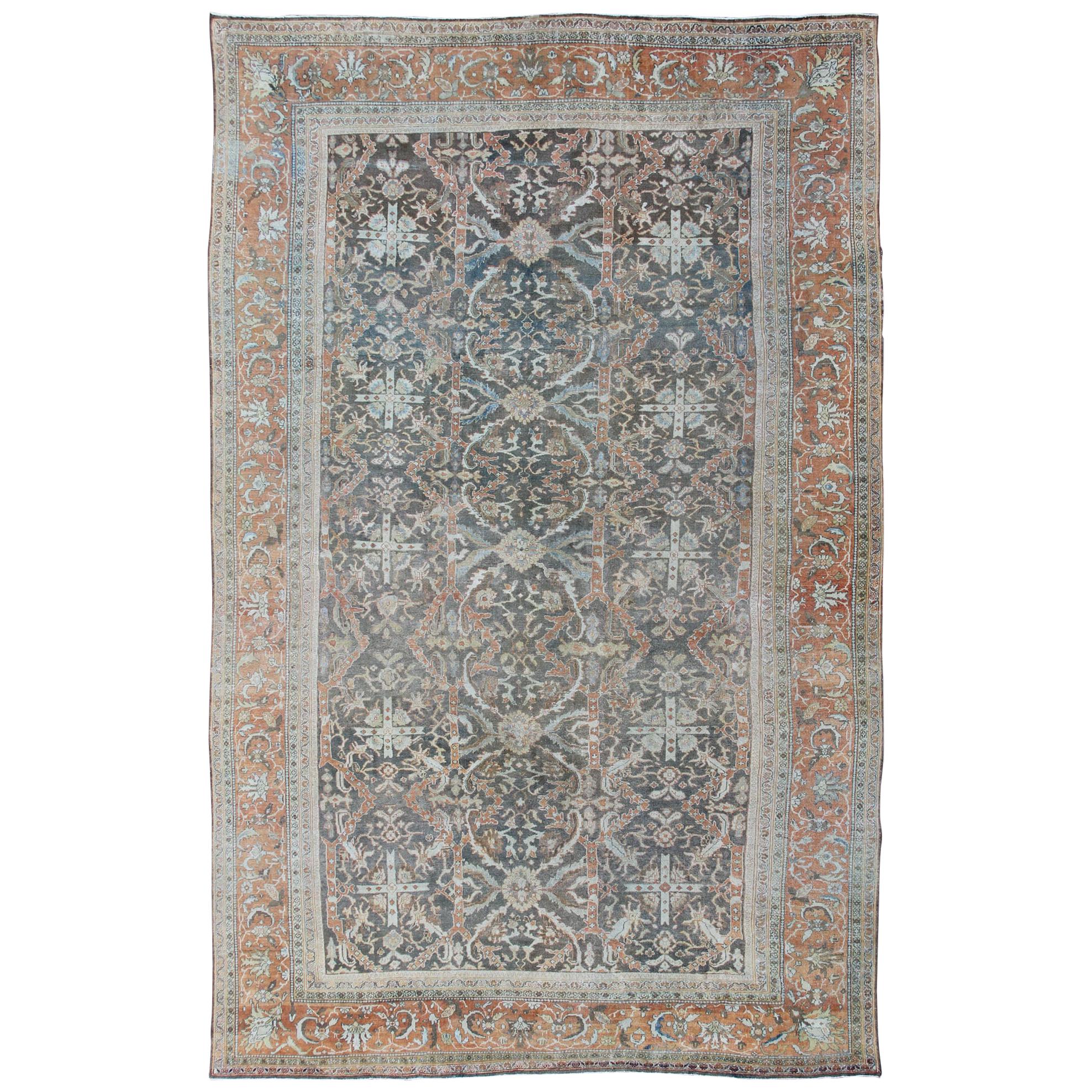 Large Antique Persian Sultanabad Rug in Gray, Charcoal, Burnt Orange, Acid Green For Sale