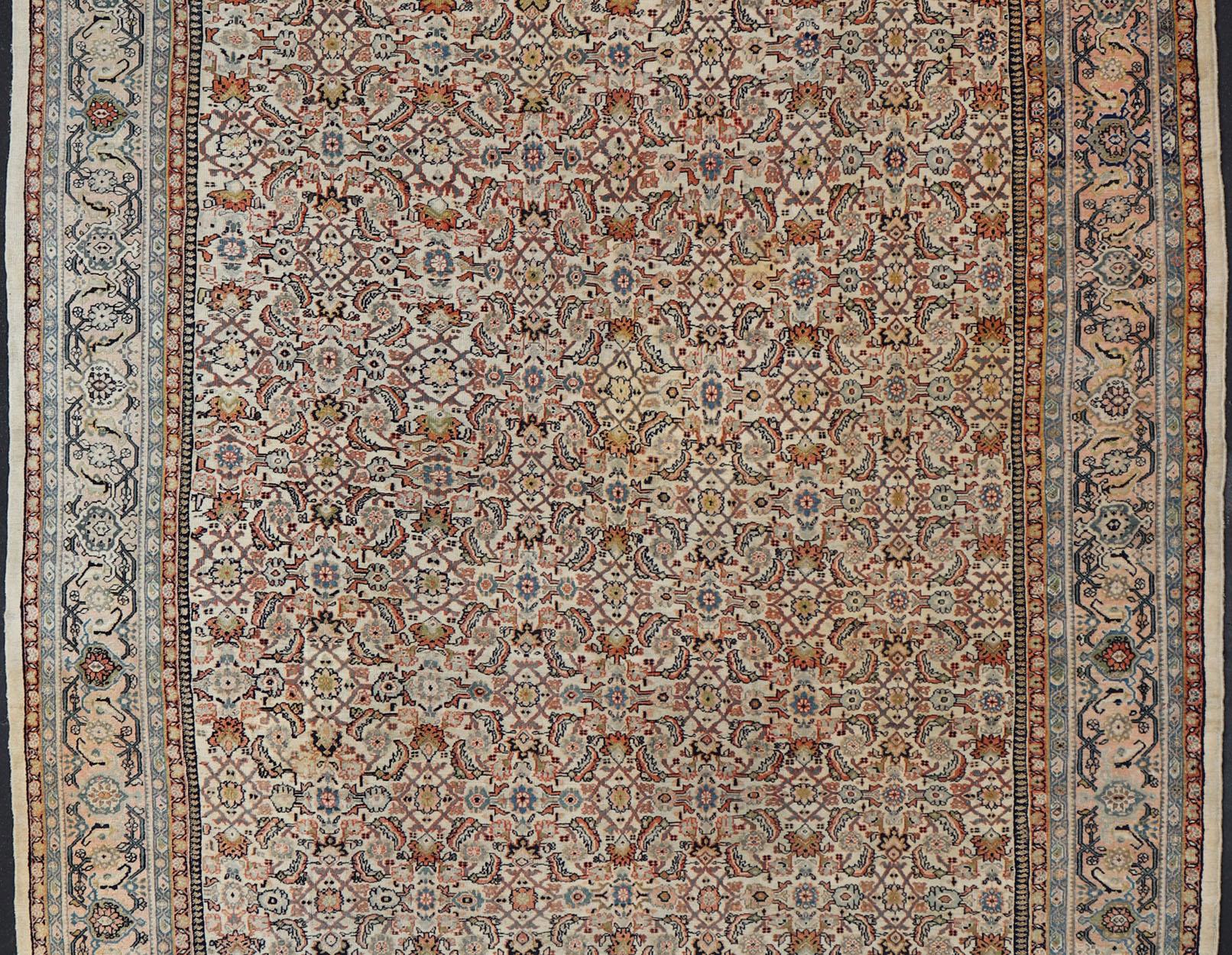 Hand-Knotted Large Antique Persian Sultanabad Rug in Ivory Background & All-Over Design For Sale