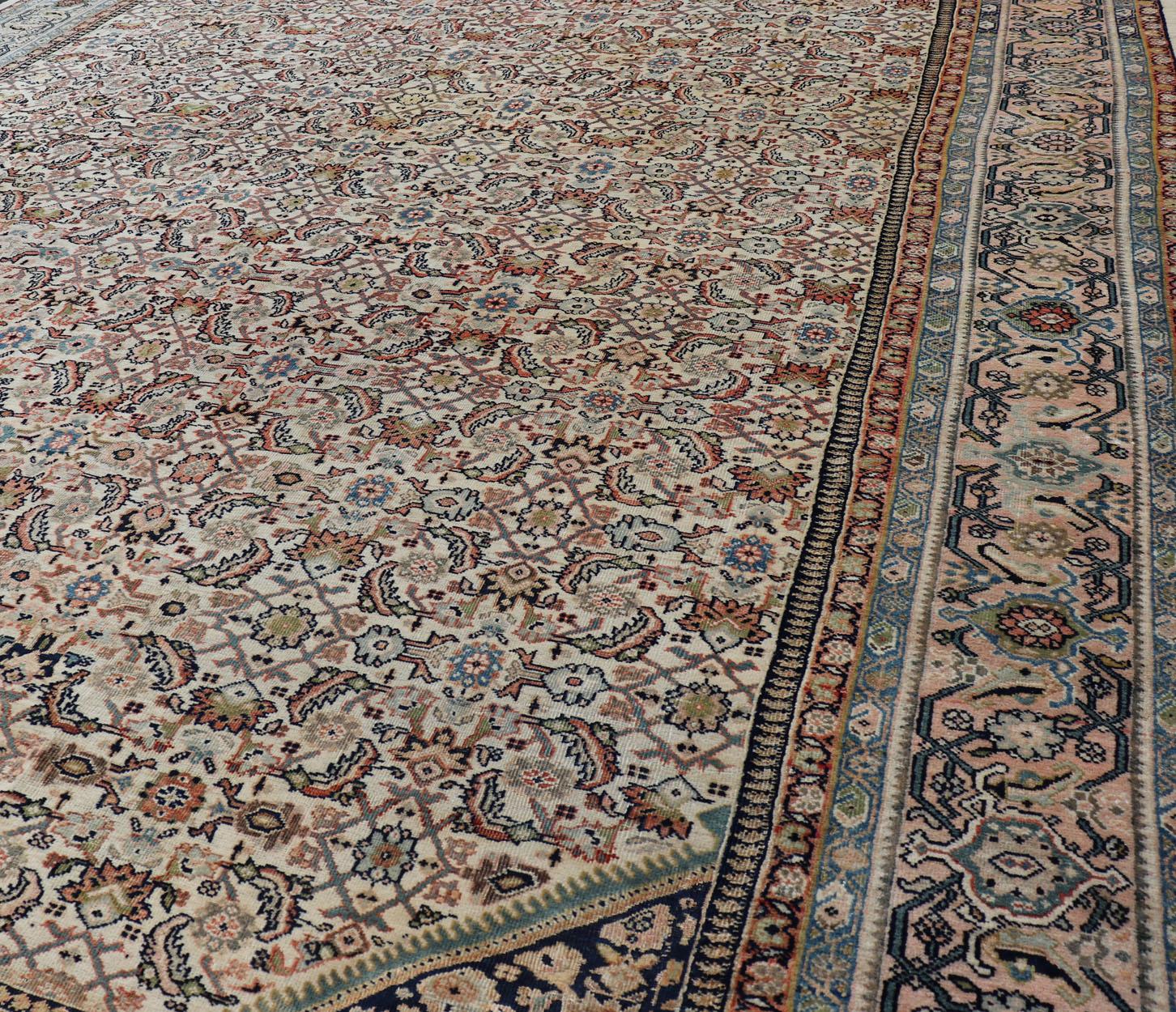 Wool Large Antique Persian Sultanabad Rug in Ivory Background & All-Over Design For Sale