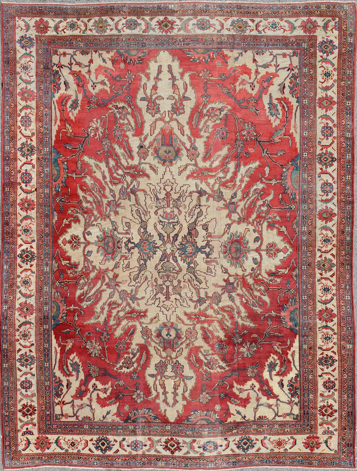 Großer antiker persischer Sultanabad-Teppich in Rot, Elfenbein im Angebot 1