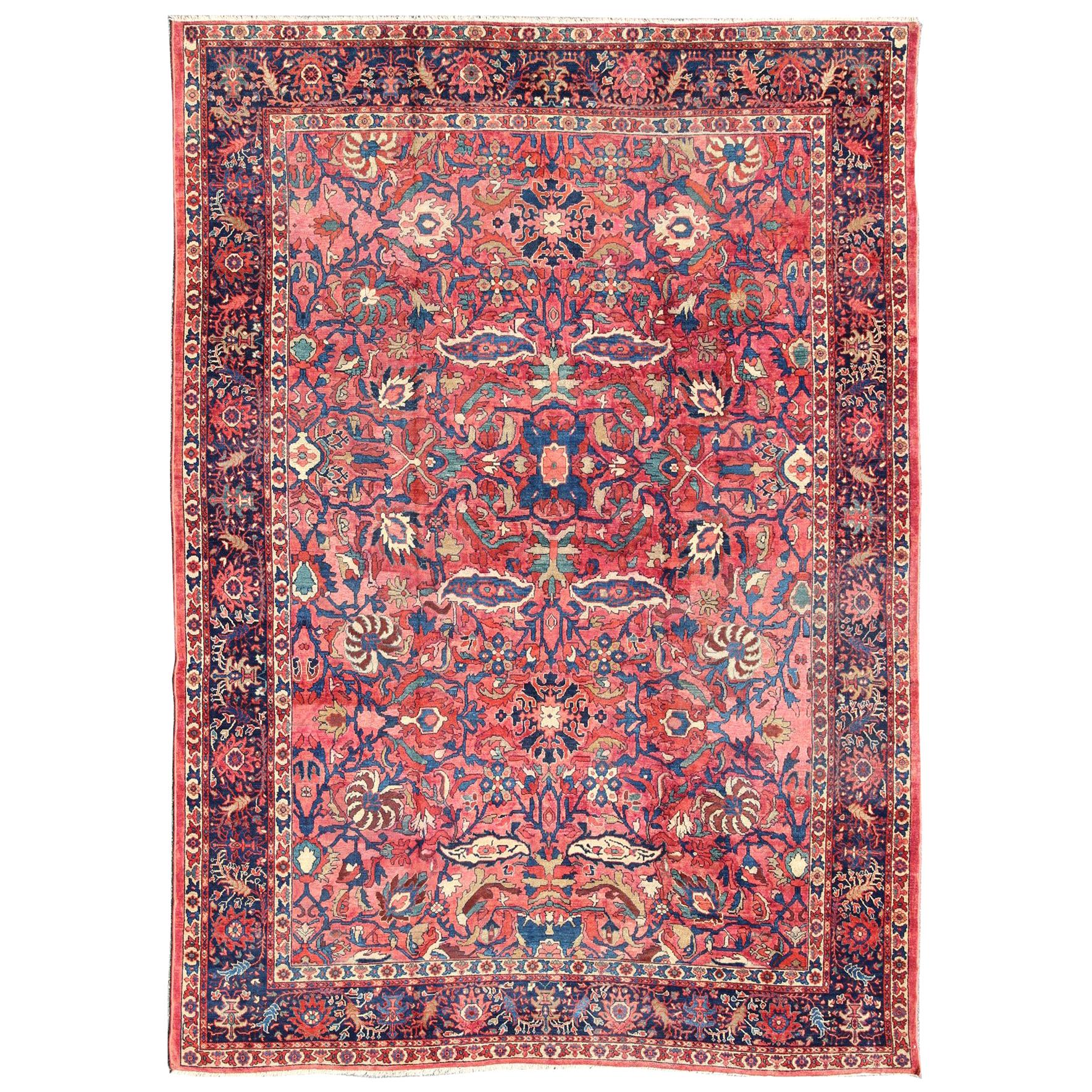Large Antique Persian Sultanabad Rug with Large Palmettes in Rose Red and Blue For Sale