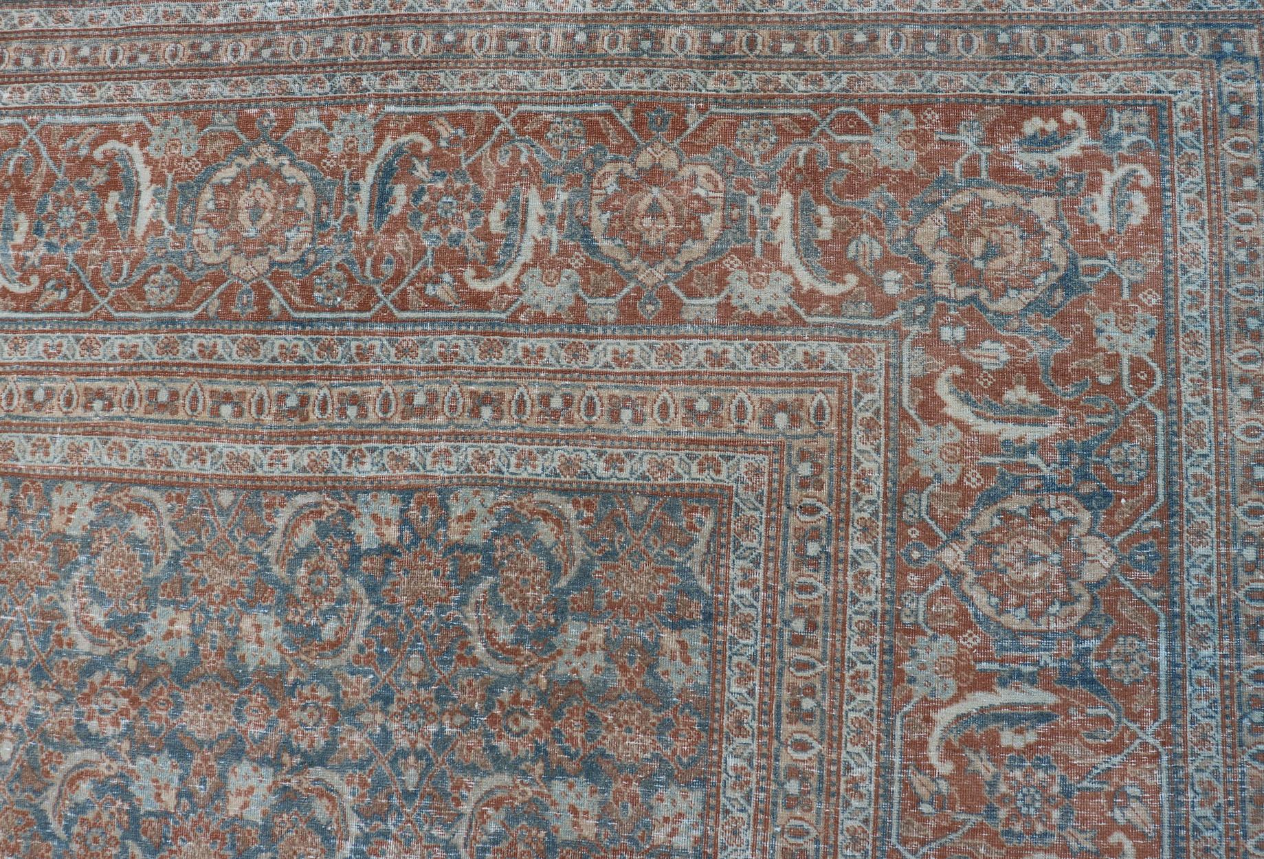 Large Antique Persian Tabriz Carpet with Herati Design in Gray Blue & Orange Red For Sale 6