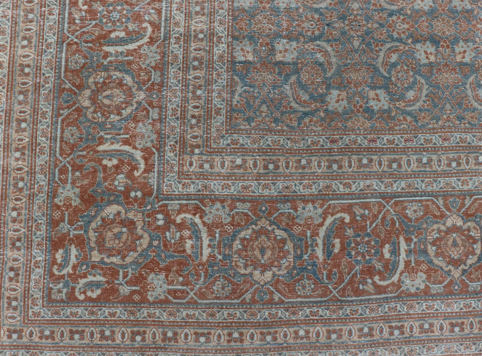 Large Antique Persian Tabriz Carpet with Herati Design in Gray Blue & Orange Red For Sale 7