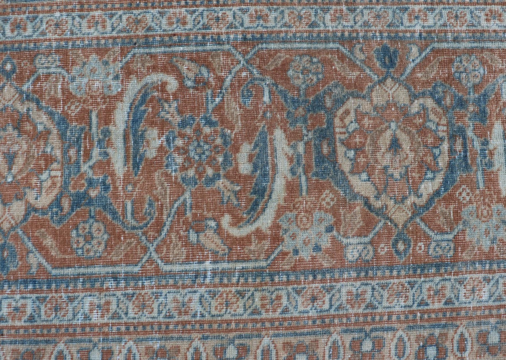 Large Antique Persian Tabriz Carpet with Herati Design in Gray Blue & Orange Red For Sale 9