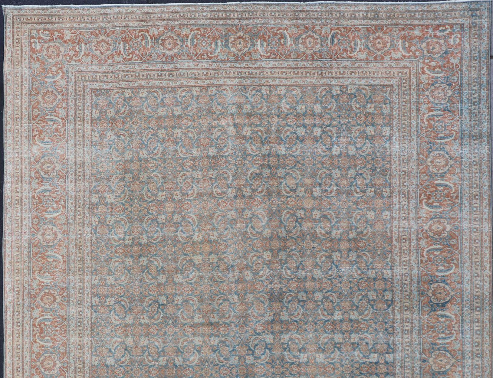 Hand-Knotted Large Antique Persian Tabriz Carpet with Herati Design in Gray Blue & Orange Red For Sale