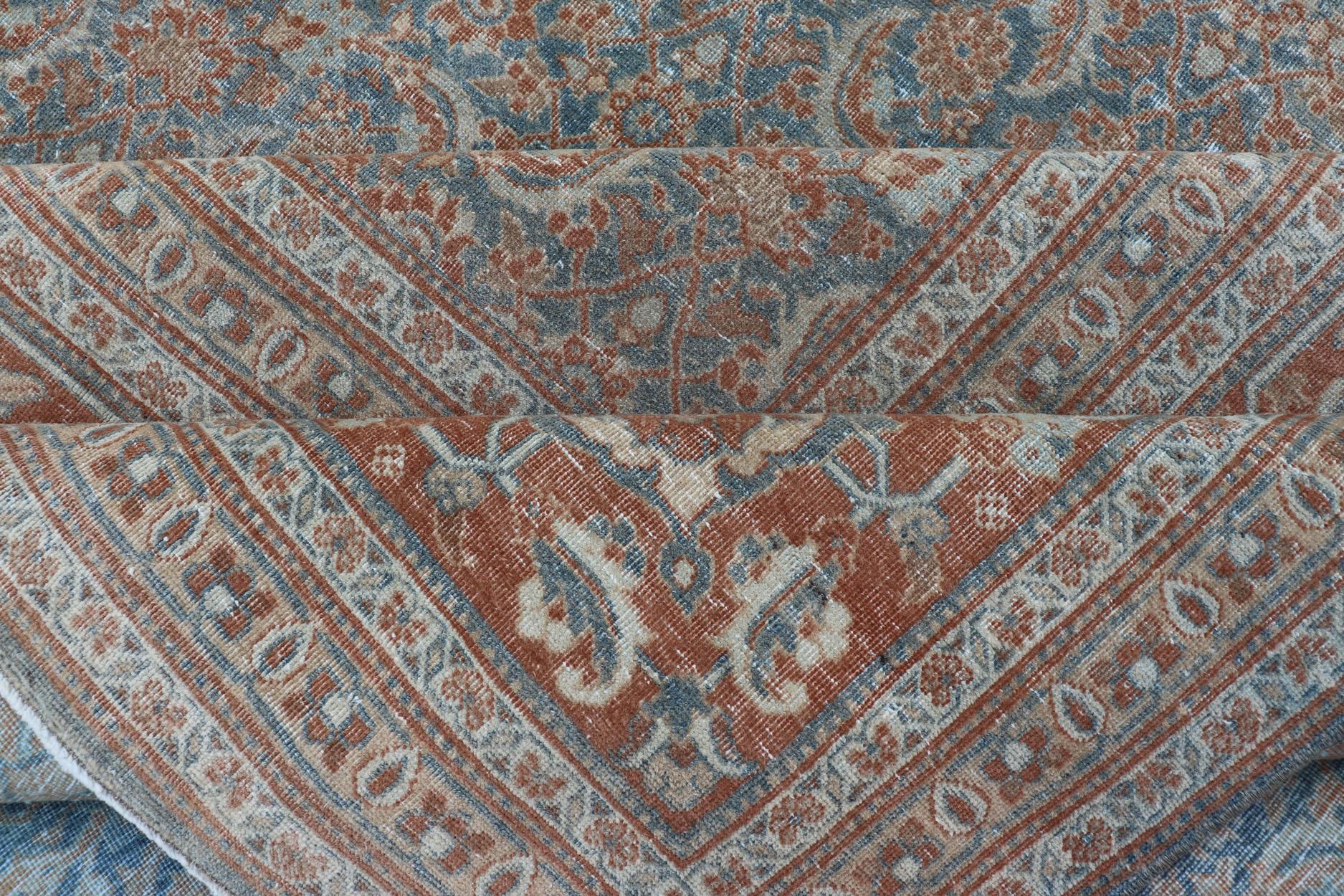 20th Century Large Antique Persian Tabriz Carpet with Herati Design in Gray Blue & Orange Red For Sale