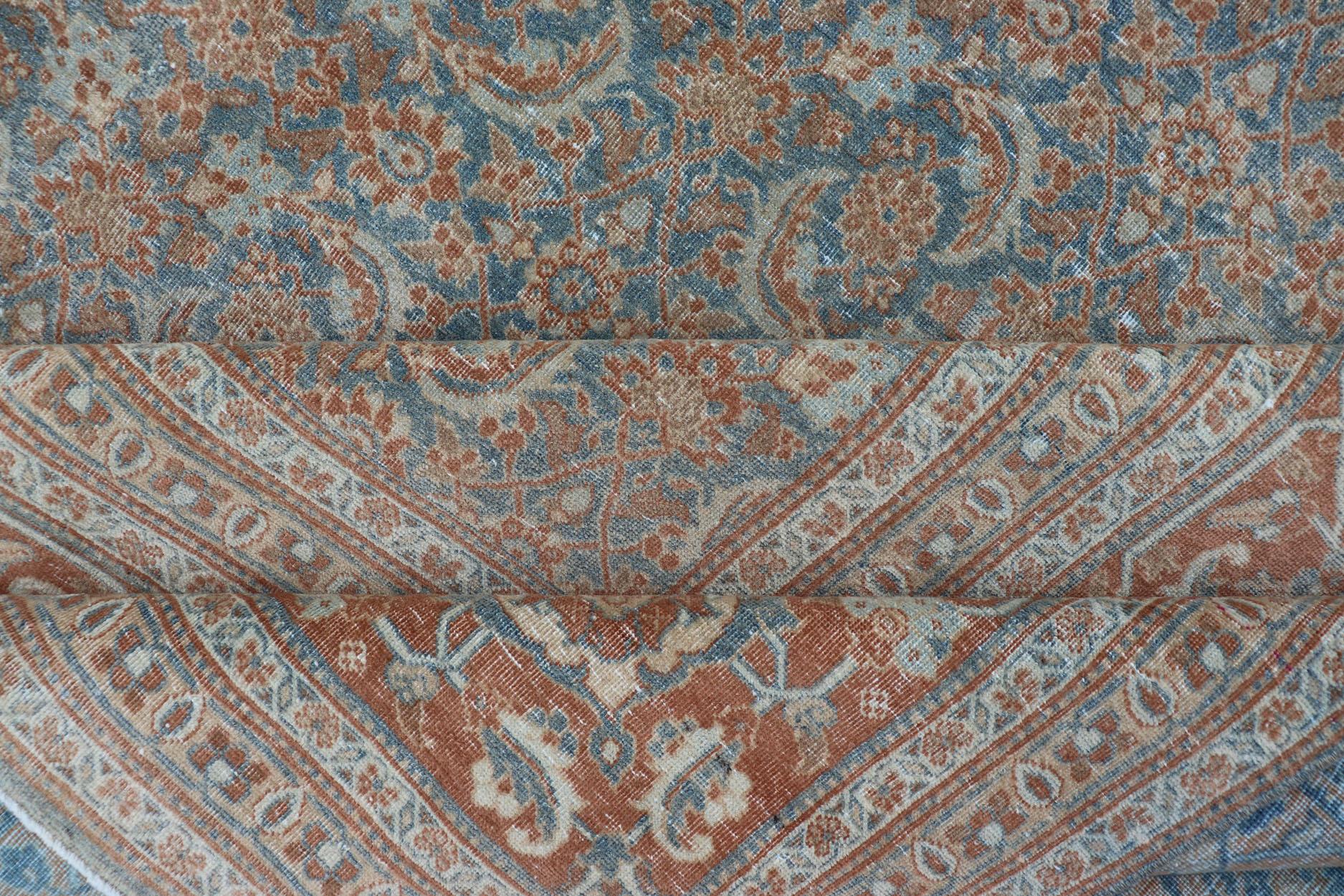 Wool Large Antique Persian Tabriz Carpet with Herati Design in Gray Blue & Orange Red For Sale