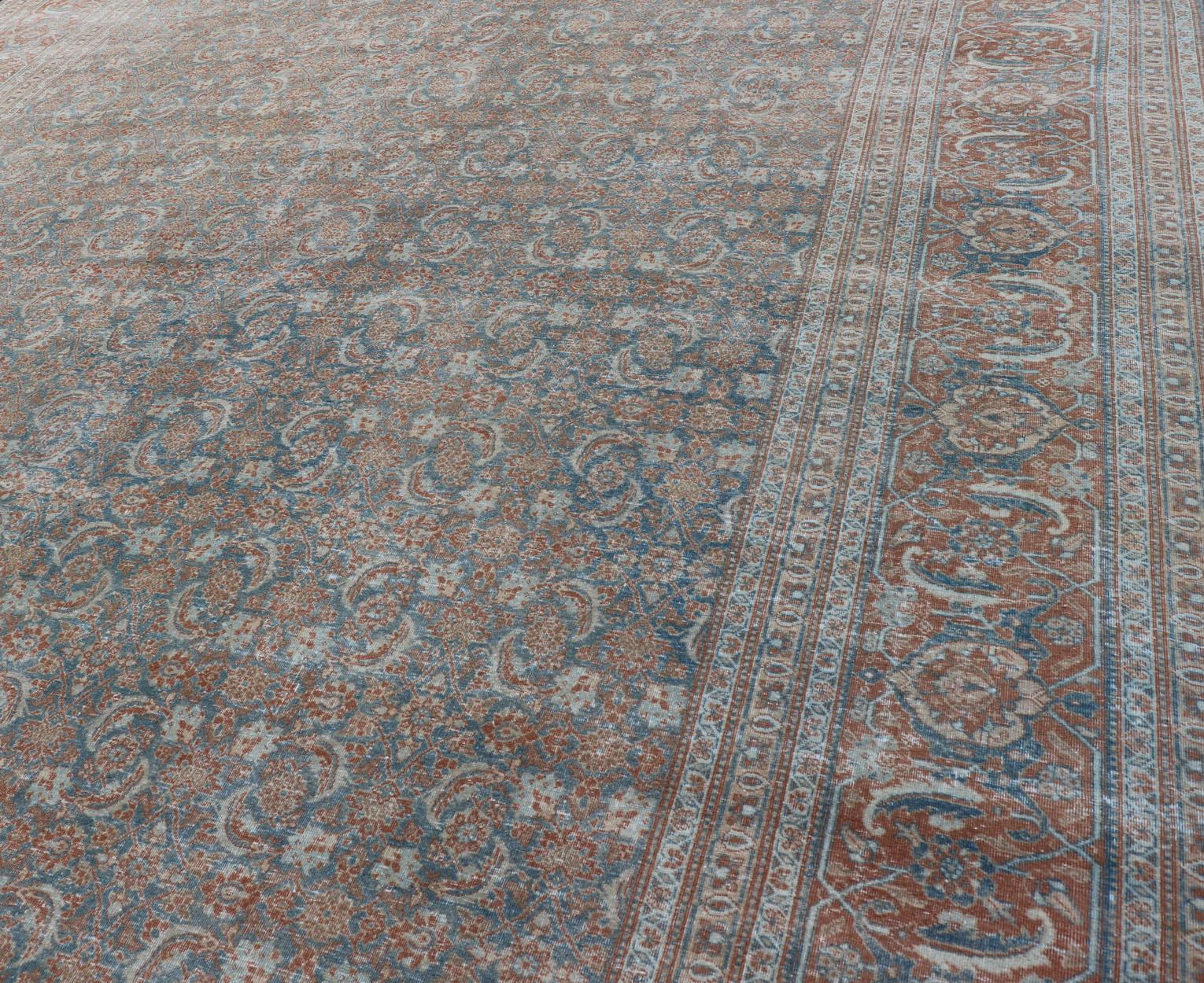 Large Antique Persian Tabriz Carpet with Herati Design in Gray Blue & Orange Red For Sale 1