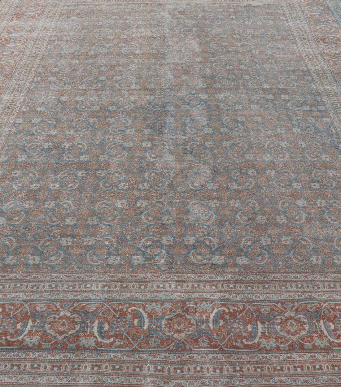 Large Antique Persian Tabriz Carpet with Herati Design in Gray Blue & Orange Red For Sale 2