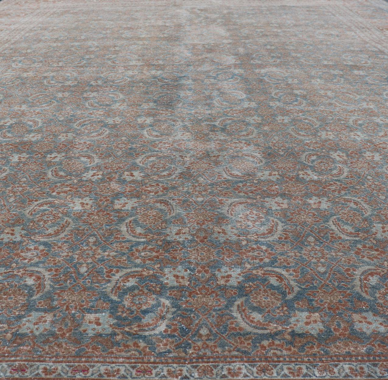 Large Antique Persian Tabriz Carpet with Herati Design in Gray Blue & Orange Red For Sale 3