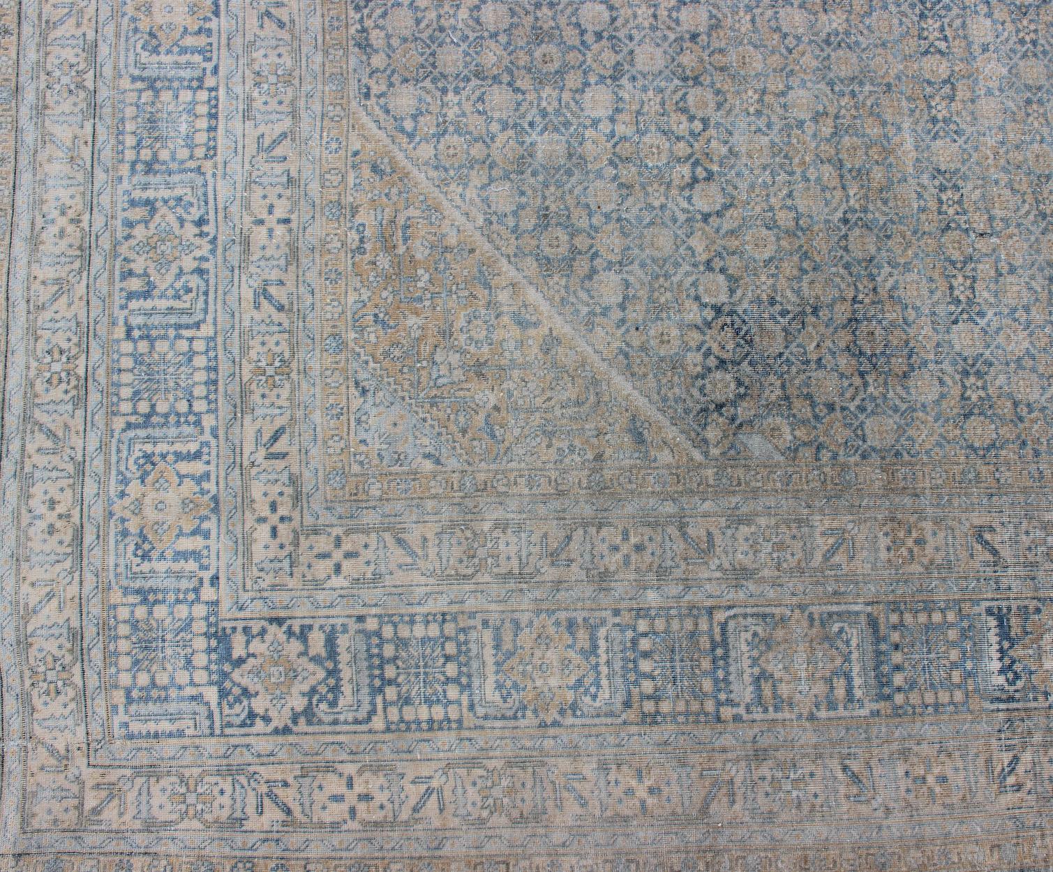 Large Antique Persian Tabriz Rug in All-Over Herati in Shades of Blue and Tan  For Sale 4