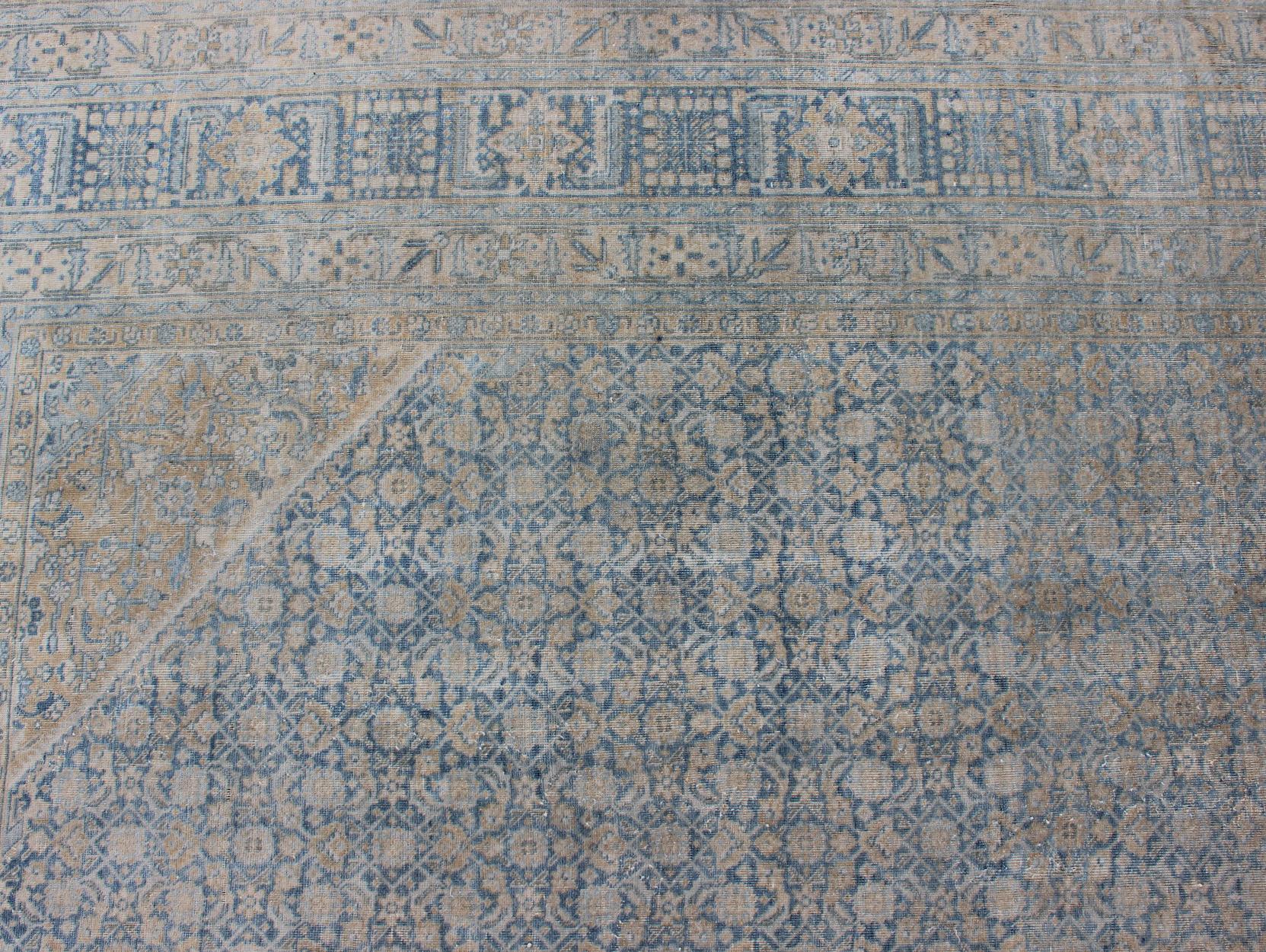 Large Antique Persian Tabriz Rug in All-Over Herati in Shades of Blue and Tan  For Sale 5