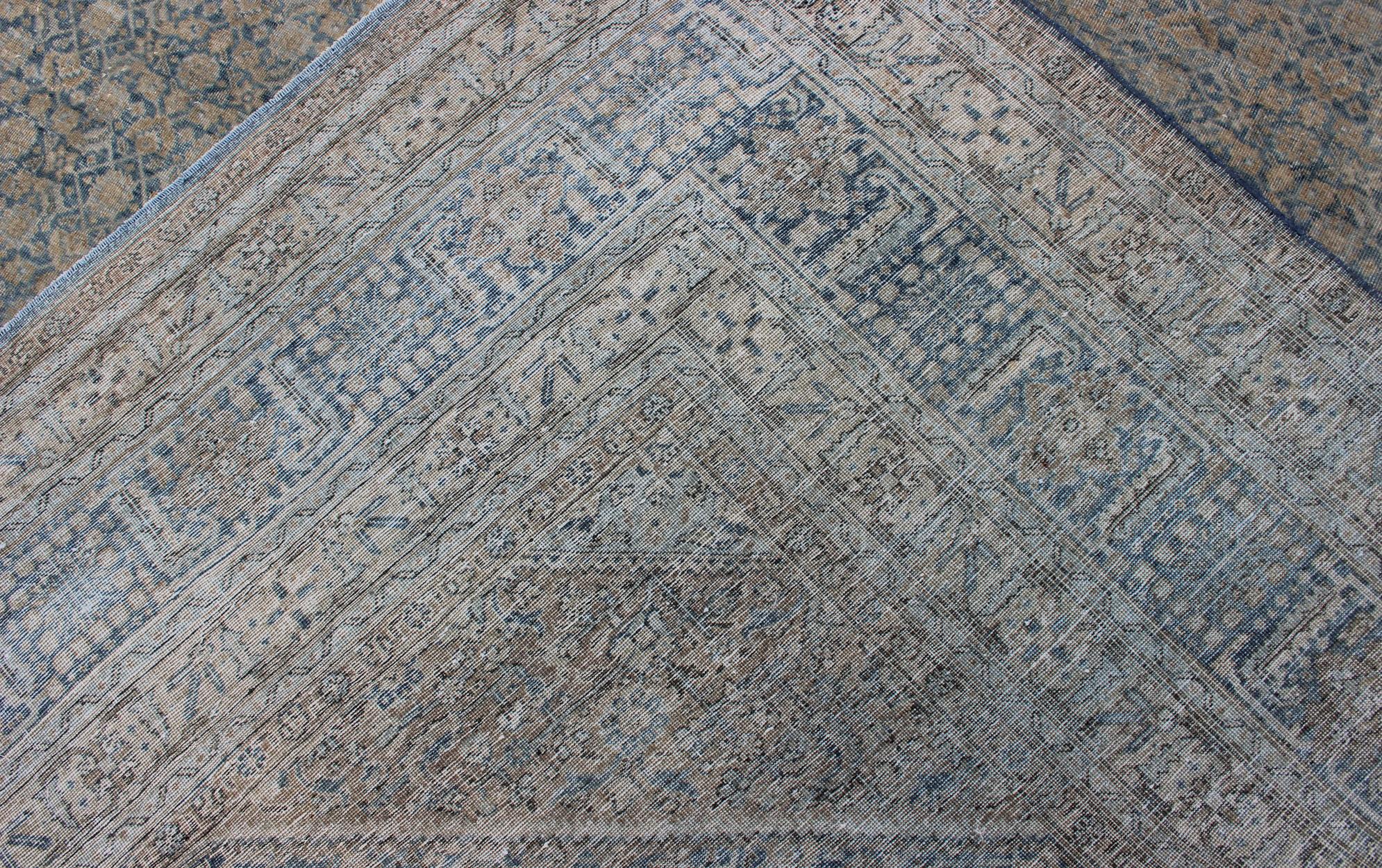 Large Antique Persian Tabriz Rug in All-Over Herati in Shades of Blue and Tan  For Sale 11