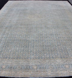 Large Antique Persian Tabriz Rug in All-Over Herati in Shades of Blue and Tan
