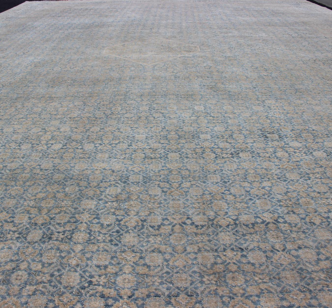 Hand-Knotted Large Antique Persian Tabriz Rug in All-Over Herati in Shades of Blue and Tan  For Sale