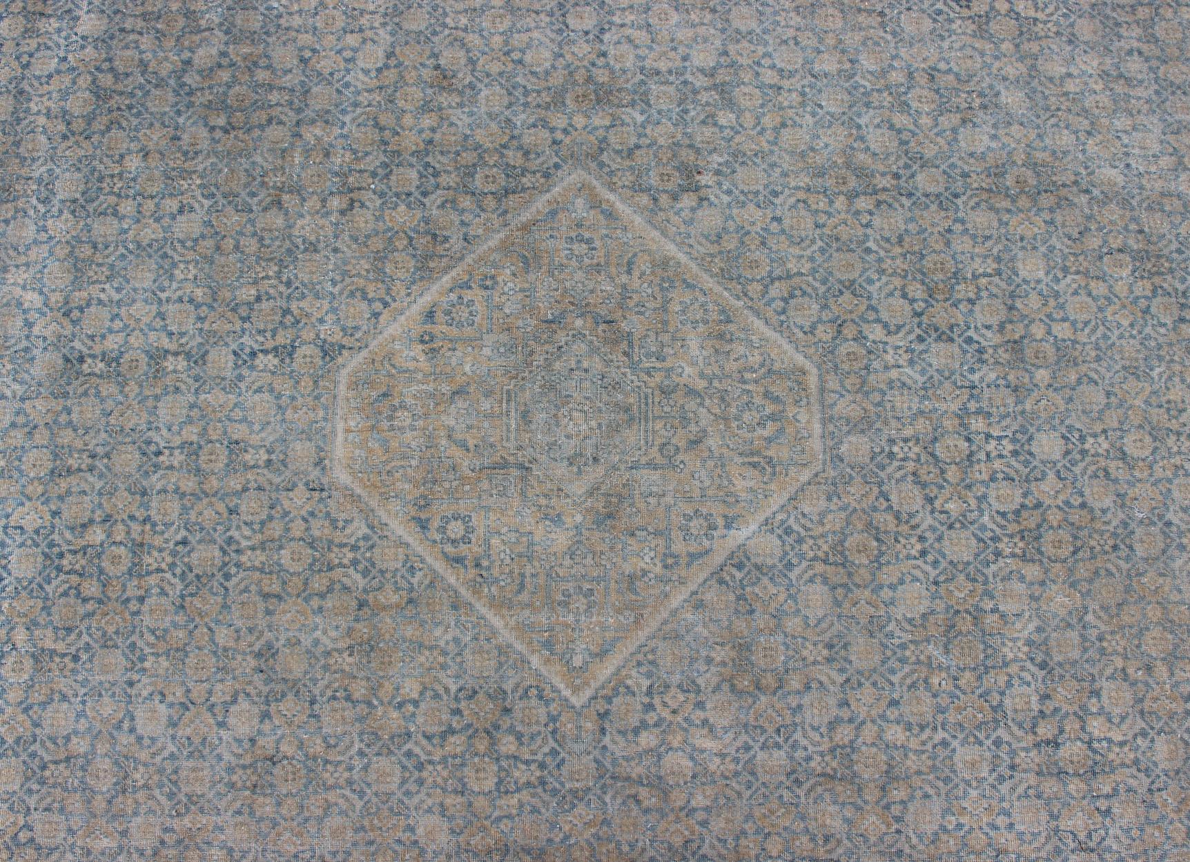 Large Antique Persian Tabriz Rug in All-Over Herati in Shades of Blue and Tan  In Good Condition For Sale In Atlanta, GA