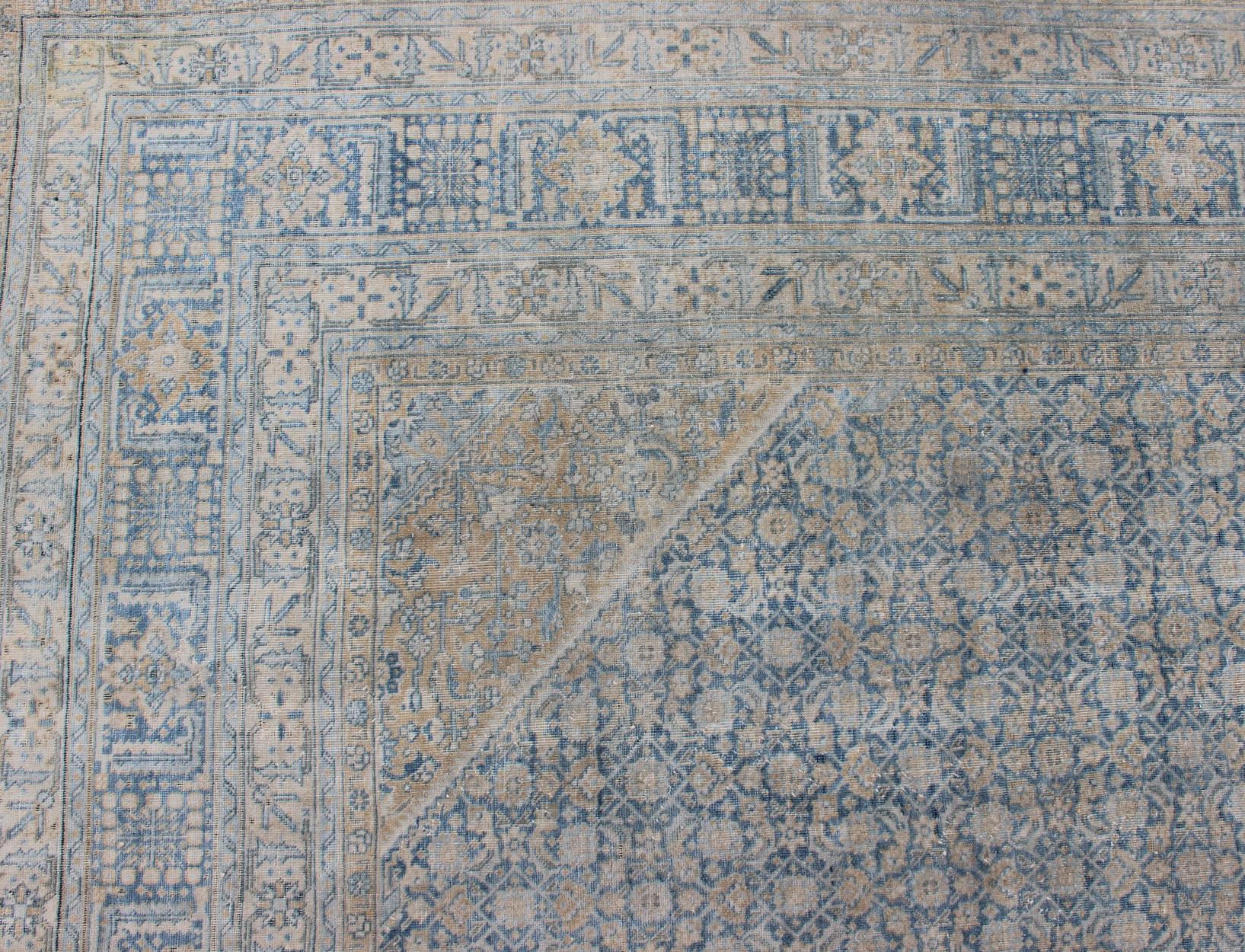 Wool Large Antique Persian Tabriz Rug in All-Over Herati in Shades of Blue and Tan  For Sale