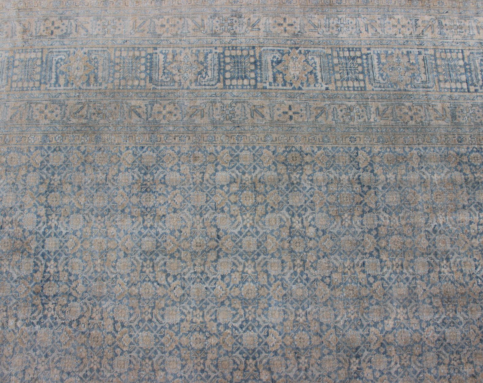 Large Antique Persian Tabriz Rug in All-Over Herati in Shades of Blue and Tan  For Sale 1