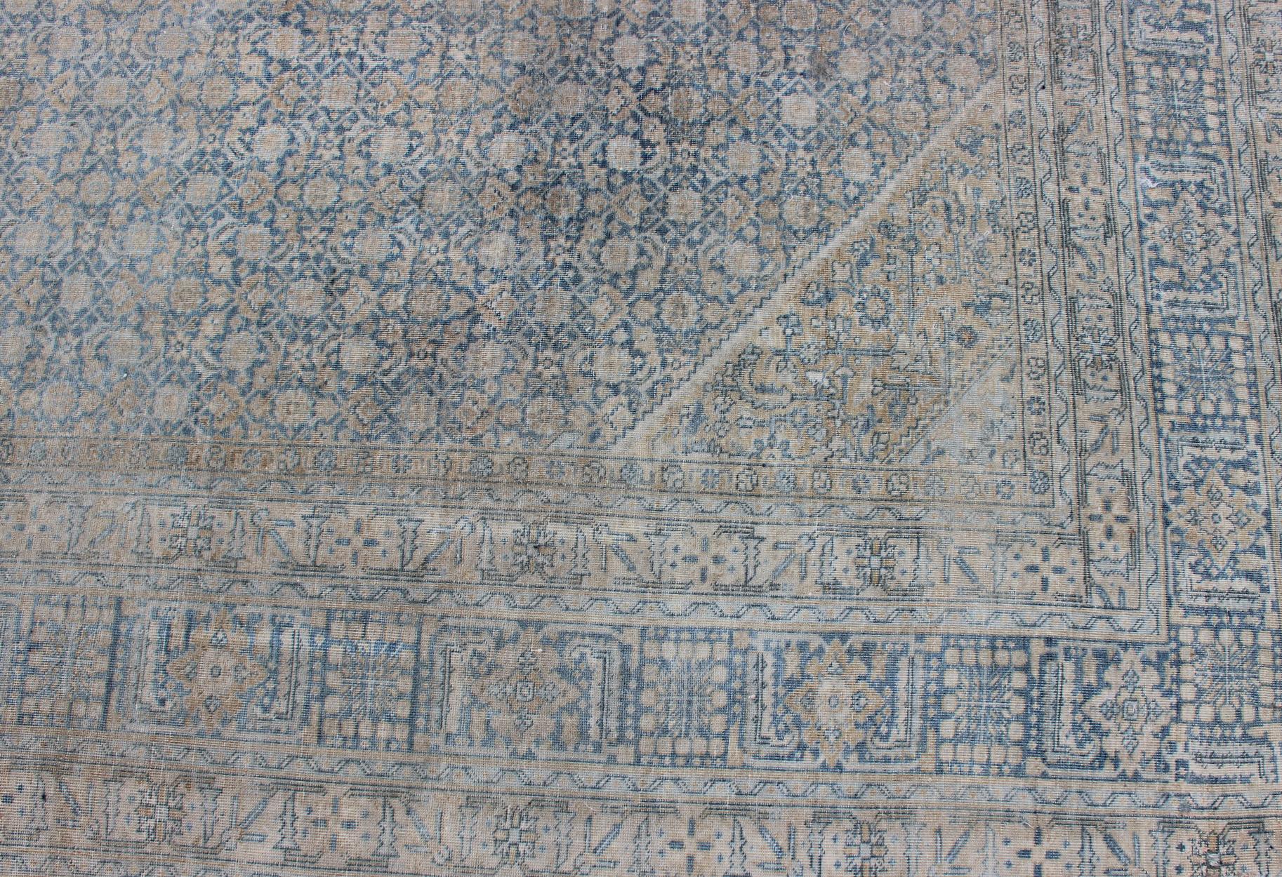 Large Antique Persian Tabriz Rug in All-Over Herati in Shades of Blue and Tan  For Sale 2