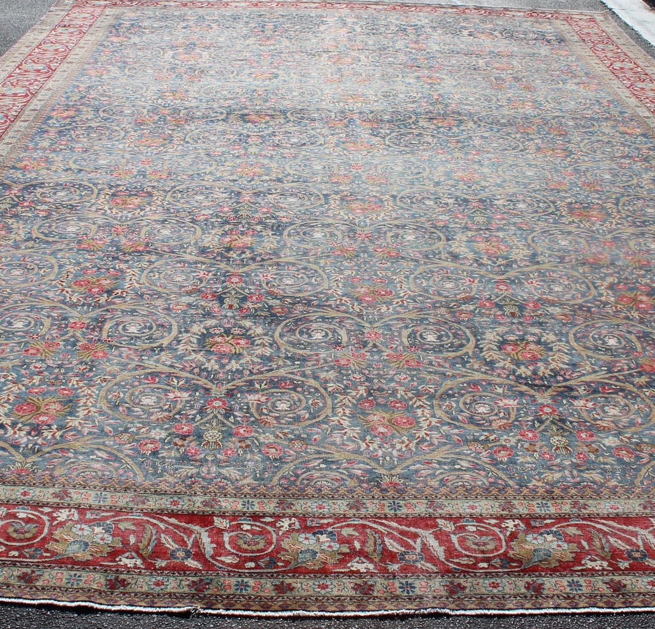 Large Antique Persian Tabriz Rug in Vine Scroll Design in Blue Background, Red For Sale 6