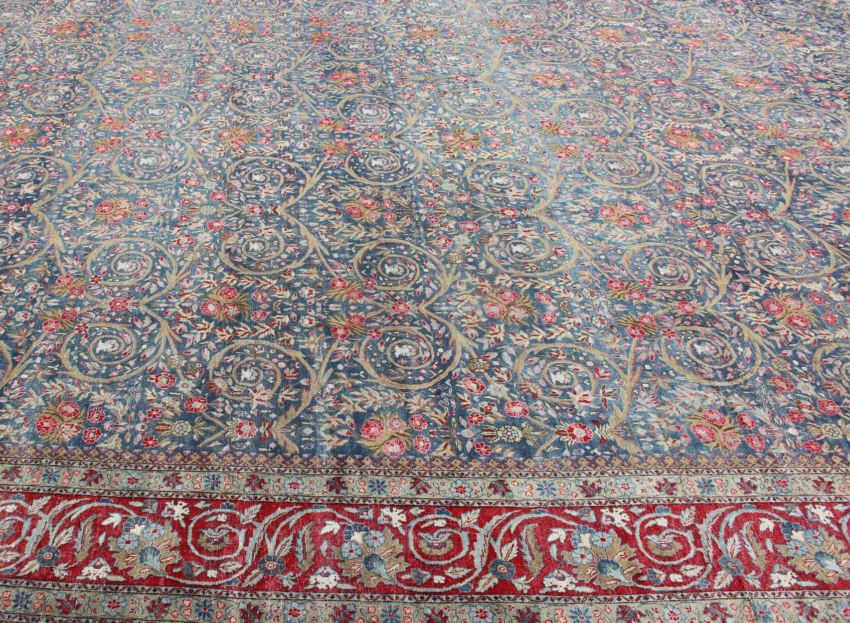 Large Antique Persian Tabriz Rug in Vine Scroll Design in Blue Background, Red For Sale 8