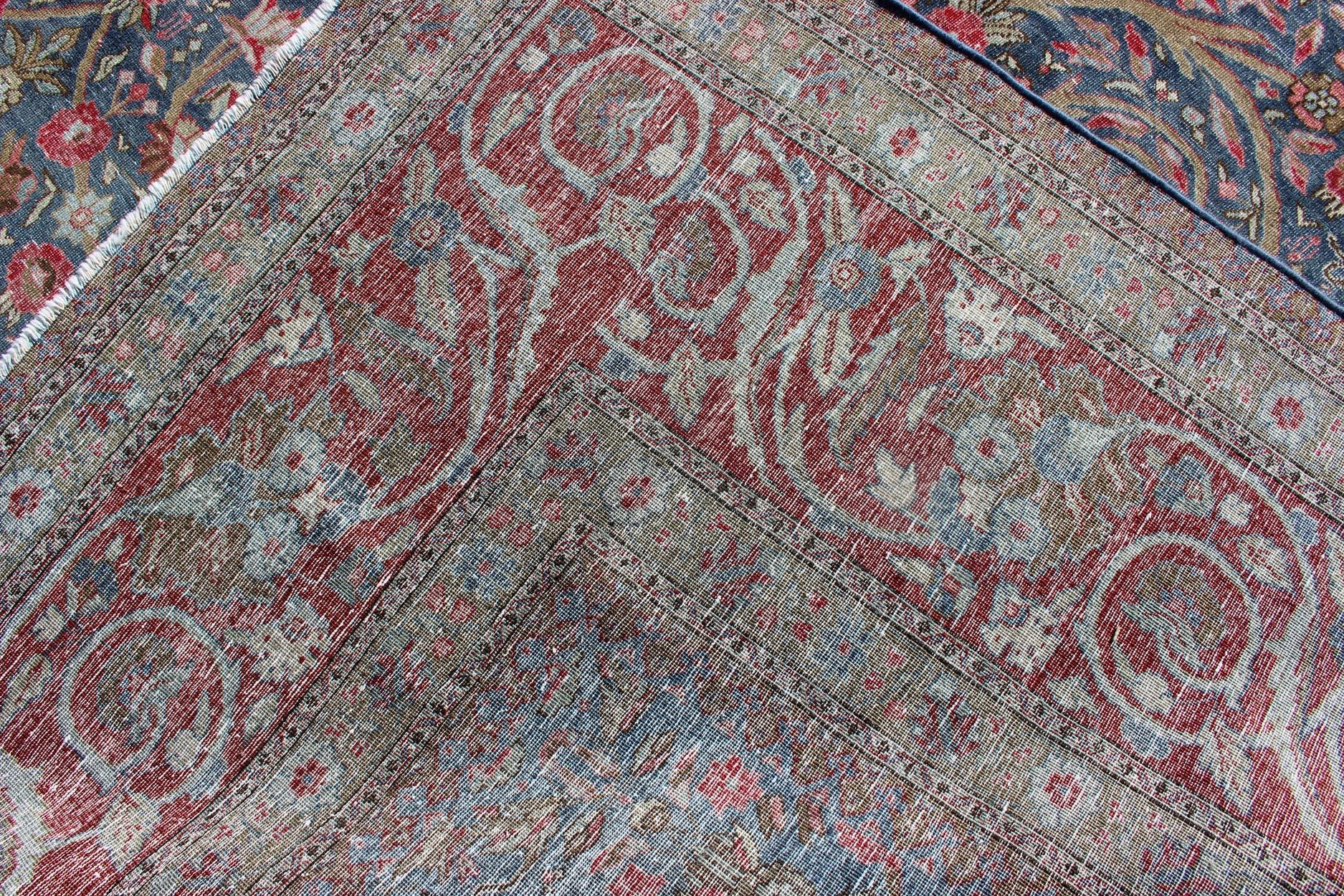 Large Antique Persian Tabriz Rug in Vine Scroll Design in Blue Background, Red For Sale 9