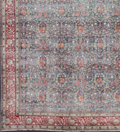 Large Antique Persian Tabriz Rug in Vine Scroll Design in Blue Background, Red