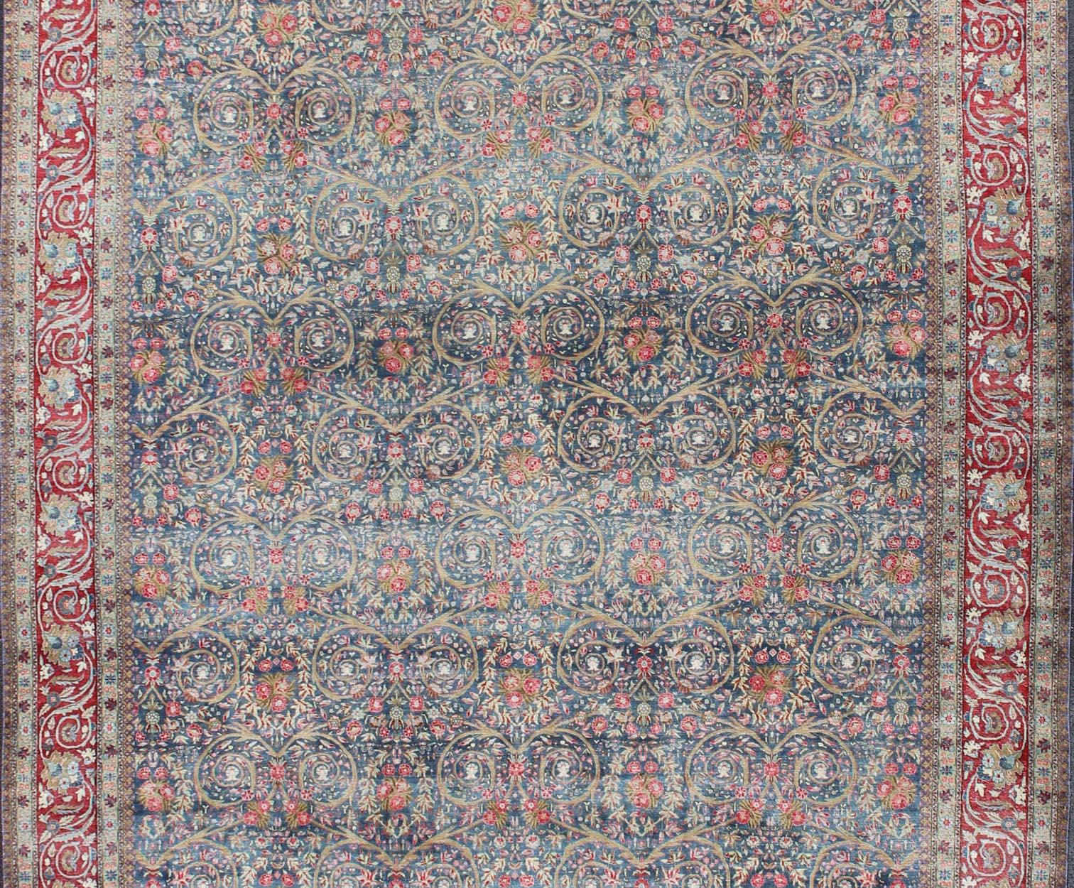 Hand-Knotted Large Antique Persian Tabriz Rug in Vine Scroll Design in Blue Background, Red For Sale
