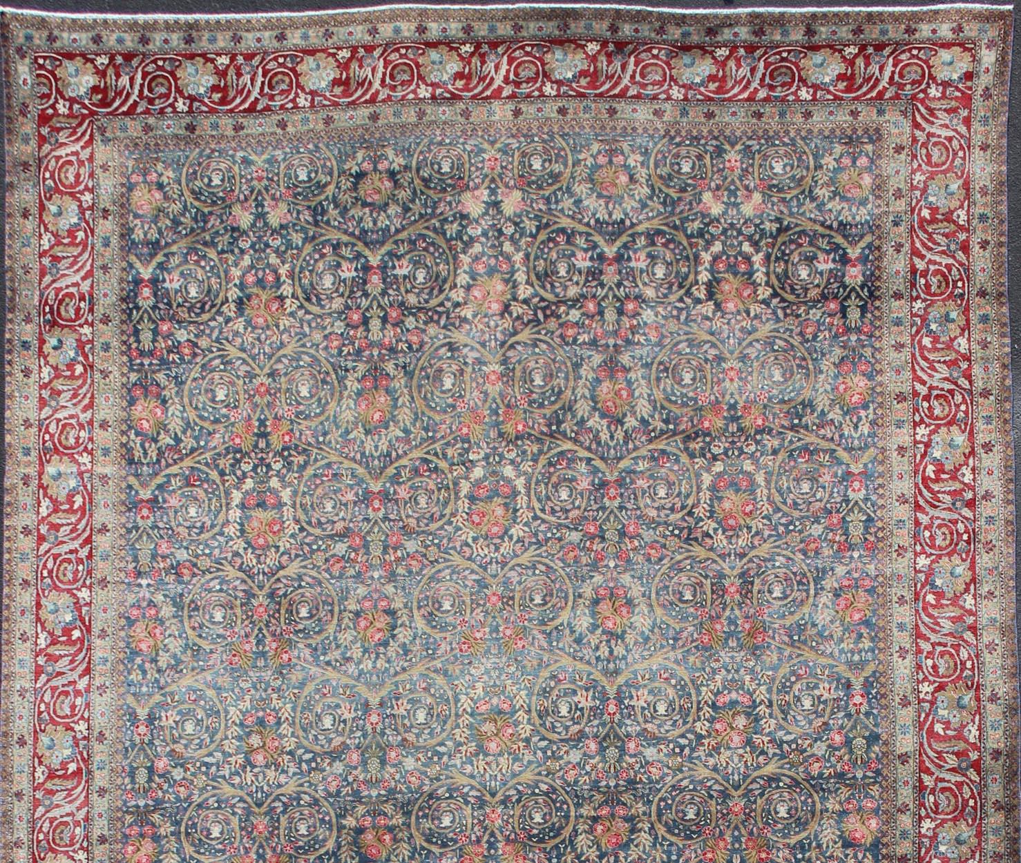 Large Antique Persian Tabriz Rug in Vine Scroll Design in Blue Background, Red In Good Condition For Sale In Atlanta, GA
