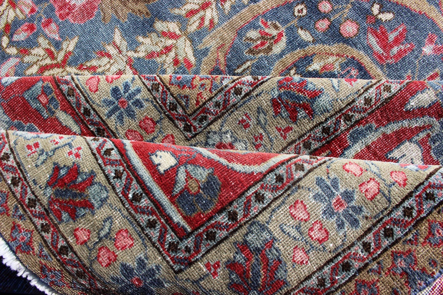 Late 19th Century Large Antique Persian Tabriz Rug in Vine Scroll Design in Blue Background, Red For Sale