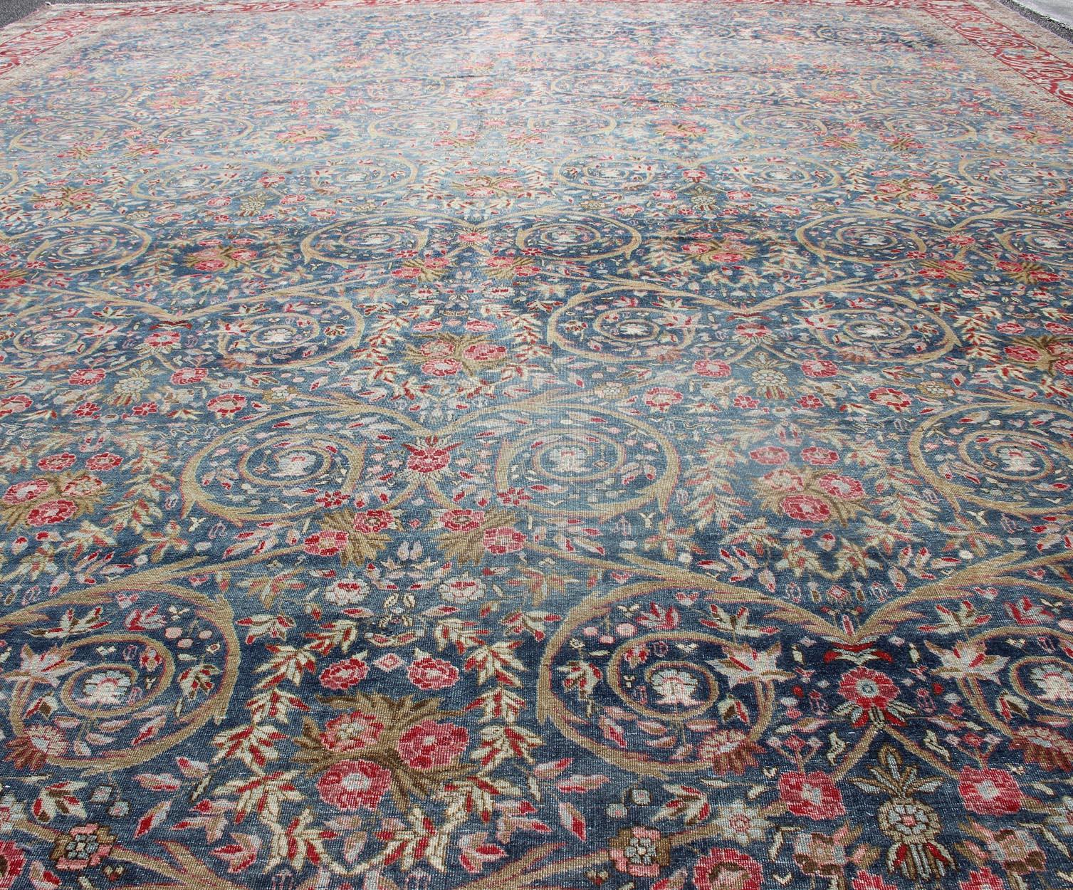 Wool Large Antique Persian Tabriz Rug in Vine Scroll Design in Blue Background, Red For Sale