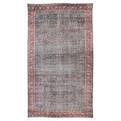Large Antique Persian Tabriz Rug in Vine Scroll Design in Blue Background, Red