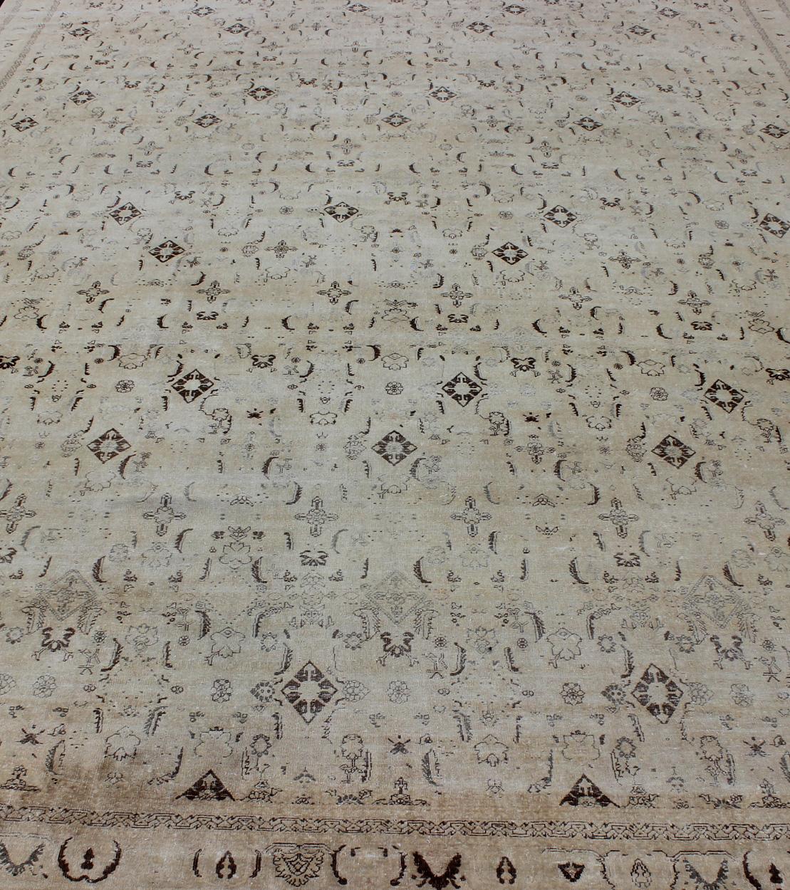Large Antique Persian Tabriz Rug with All over Design in Cream and Brown Accents For Sale 4