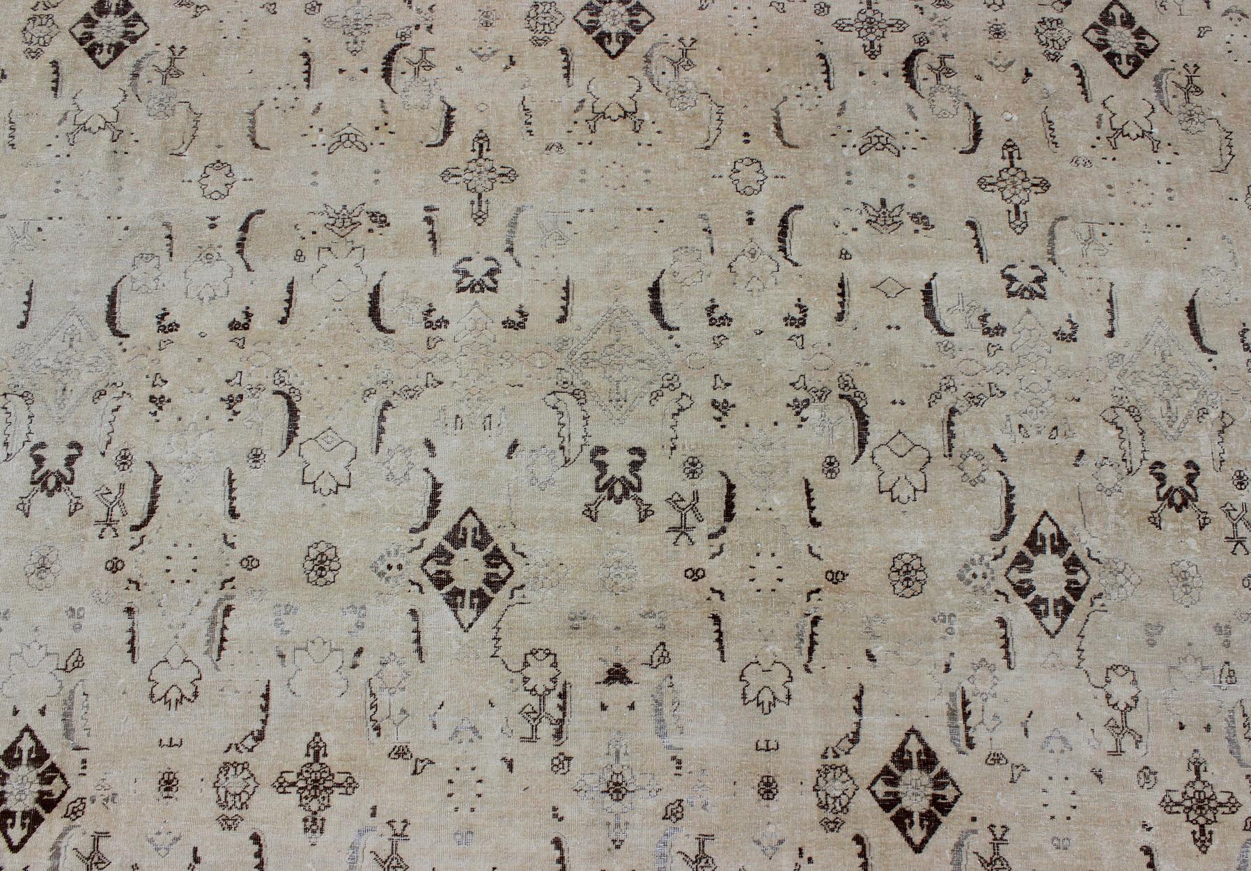 Large Antique Persian Tabriz Rug with All over Design in Cream and Brown Accents For Sale 6