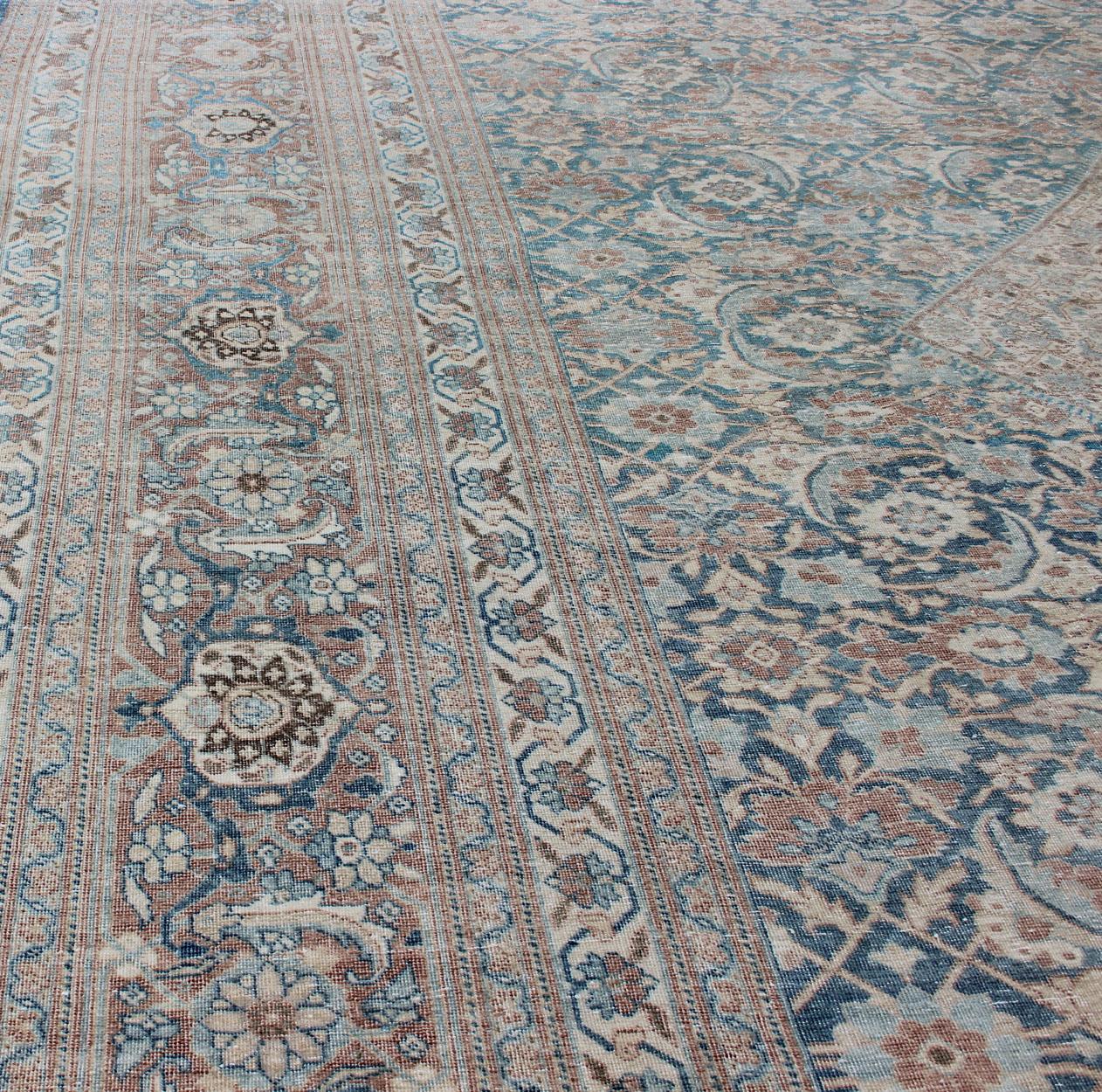 Large Antique Persian Tabriz Rug with Sub Geometric Herati Design in Light Blue For Sale 3