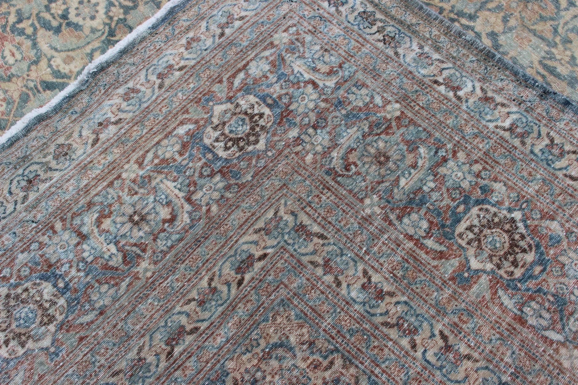 Large Antique Persian Tabriz Rug with Sub Geometric Herati Design in Light Blue For Sale 4