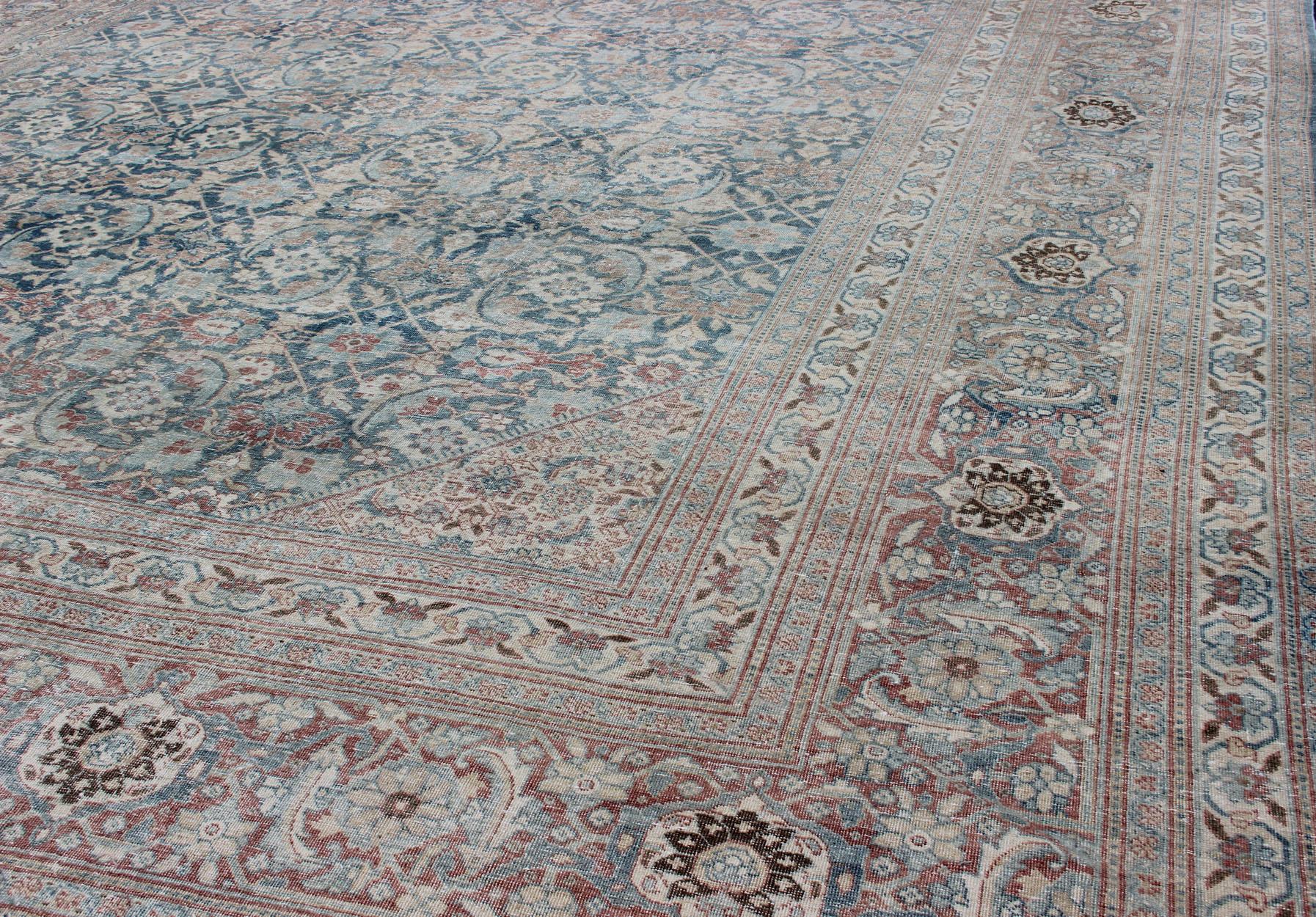 Large Antique Persian Tabriz Rug with Sub Geometric Herati Design in Light Blue For Sale 8
